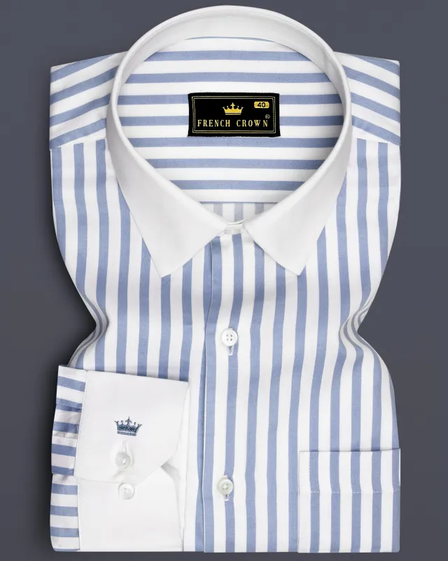 Celestyn-Nepal Blue And Bright White Candy Striped Super Soft Premium Cotton Dress White Cuff Collar Shirt made by French Crown