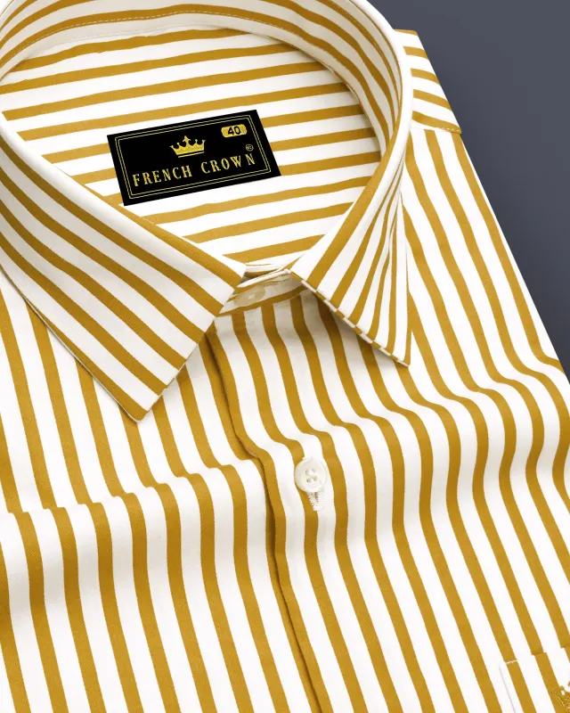 Terrasol-Ochre Yellow And Bright White Candy Striped Subtle Sheen Super Soft Premium Cotton Dress Shirt sold by French Crown
