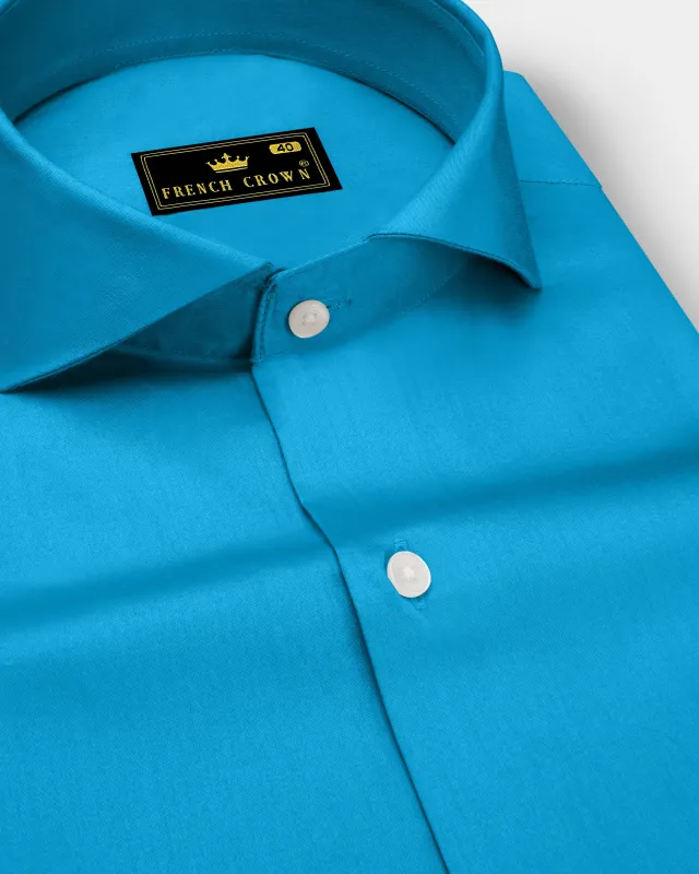 Azurique-Curious Blue Subtle Sheen Super Soft Premium Cotton Cut Away Collar Dress Shirt made by French Crown