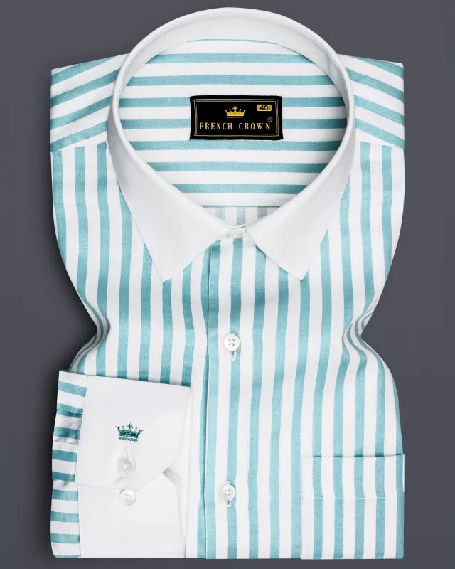 Celestio-Stream Blue And Bright White Candy Striped Super Soft Premium Cotton Dress White Cuff Collar Shirt made by French Crown