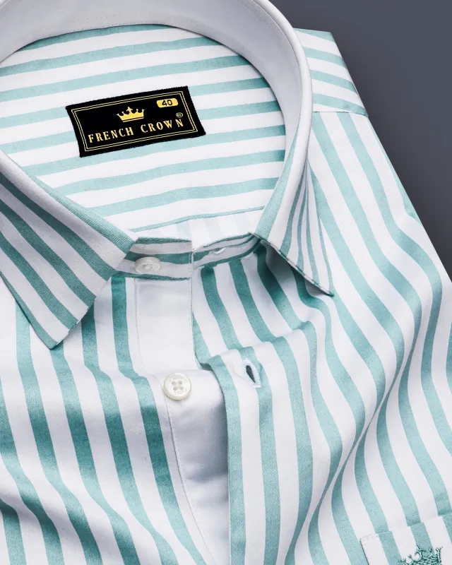 Celestio-Stream Blue And Bright White Candy Striped Subtle Sheen Soft Premium Cotton Dress Shirt made by French Crown