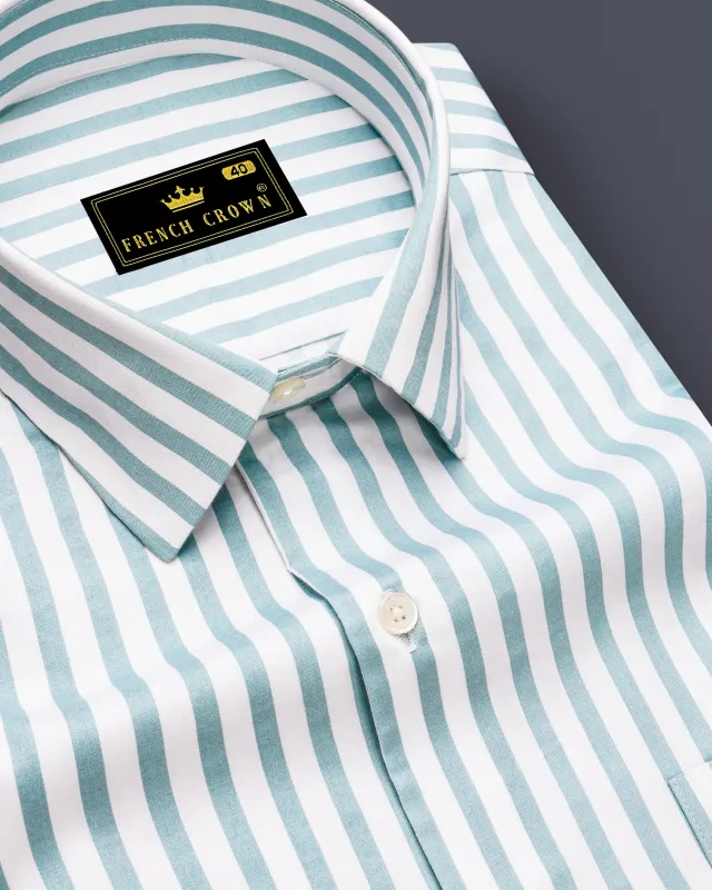 Celestio-Stream Blue And Bright White Candy Striped Subtle Sheen Super Soft Premium Cotton Dress Shirt made by French Crown