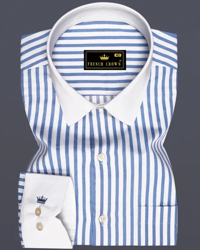Azurline-Carolina Blue And Bright White Candy Striped Super Soft Premium Cotton Dress White Cuff Collar Shirt made by French Crown