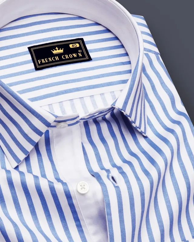 Azurline-Carolina Blue And Bright White Candy Striped Subtle Sheen Soft Premium Cotton Dress Shirt made by French Crown