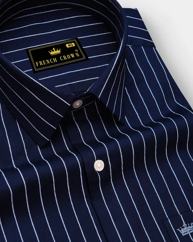 Noctaro-Ebony Blue And Bright White Pin Striped Subtle Sheen Super Soft Premium Cotton Dress Shirt made by French Crown