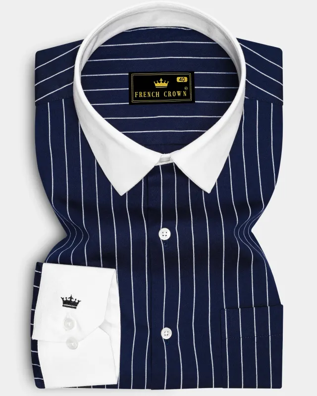 Noctaro-Ebony Blue And Bright White Pin Striped Super Soft Premium Cotton Dress White Cuff Collar Shirt made by French Crown