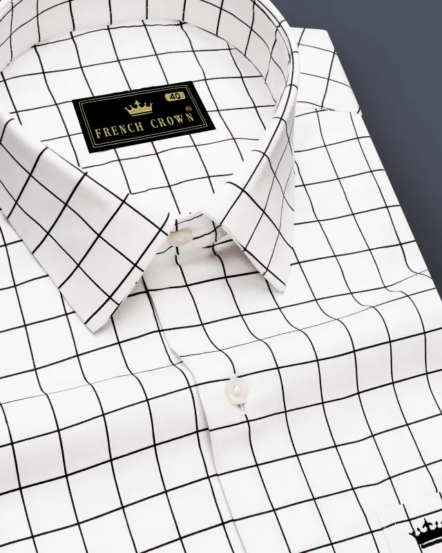 Panoro-Bright White And Jade Black Windowpane Subtle Sheen Super Soft Premium Cotton Dress Shirt made by French Crown