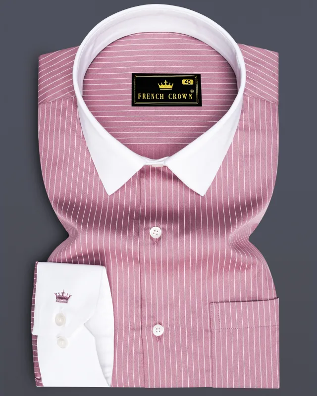 Blush-Bazaar Pink Pin Striped Subtle Sheen Super Soft Premium Cotton Dress White Cuff Collar Shirt made by French Crown