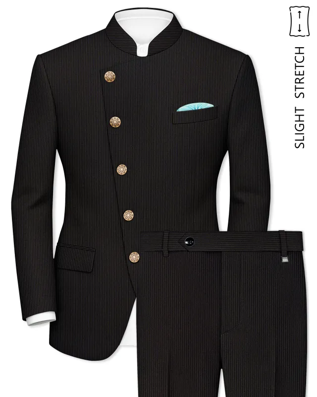 Imperio-Umber Brown Pencil Striped Wool Rich Slight Stretch Cross Placket Bandhgala Suit sold by French Crown