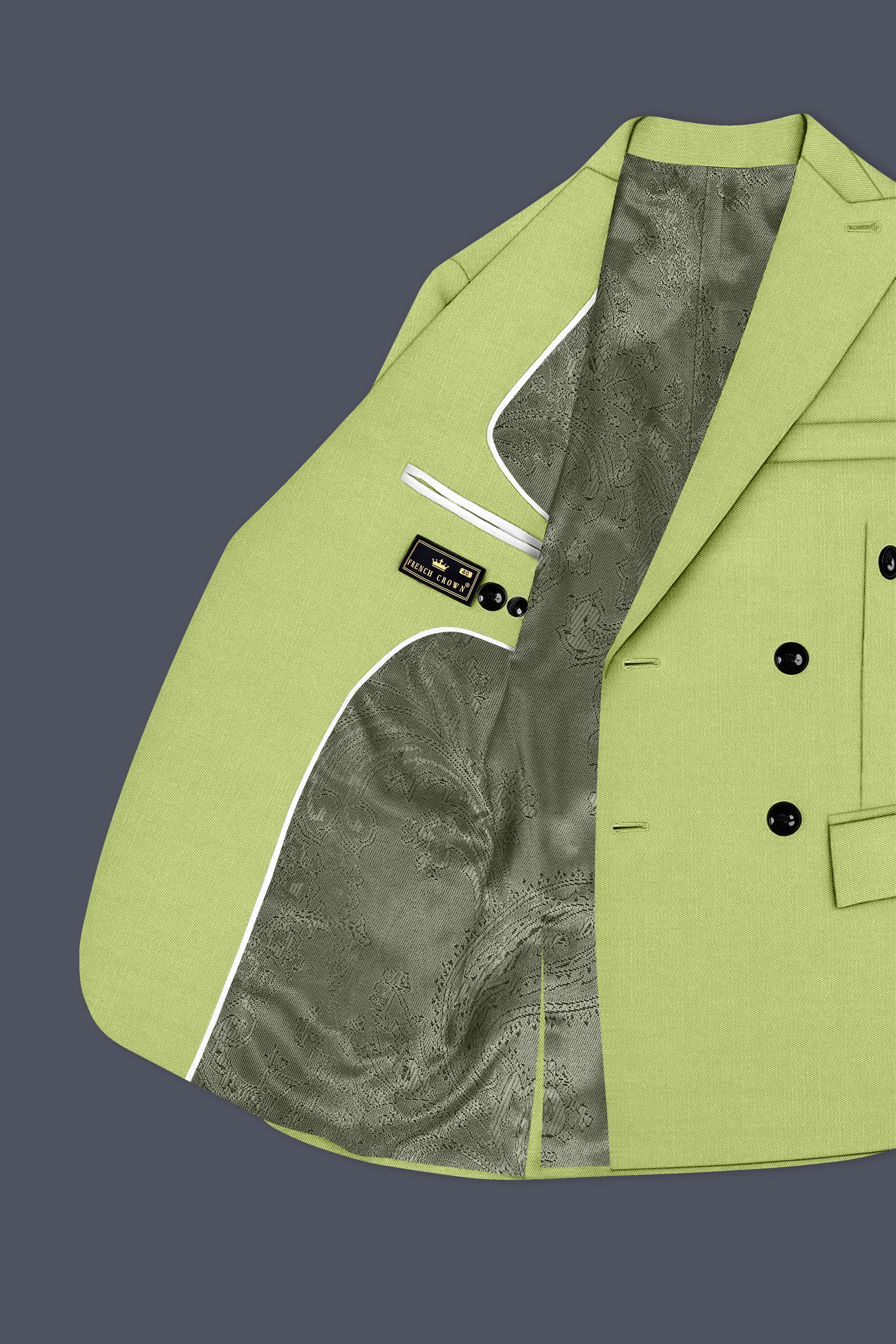 Ochre-Tan Green Wool Rich Slight Stretch Double Breasted Blazer sold by French Crown product image thumbnail 5