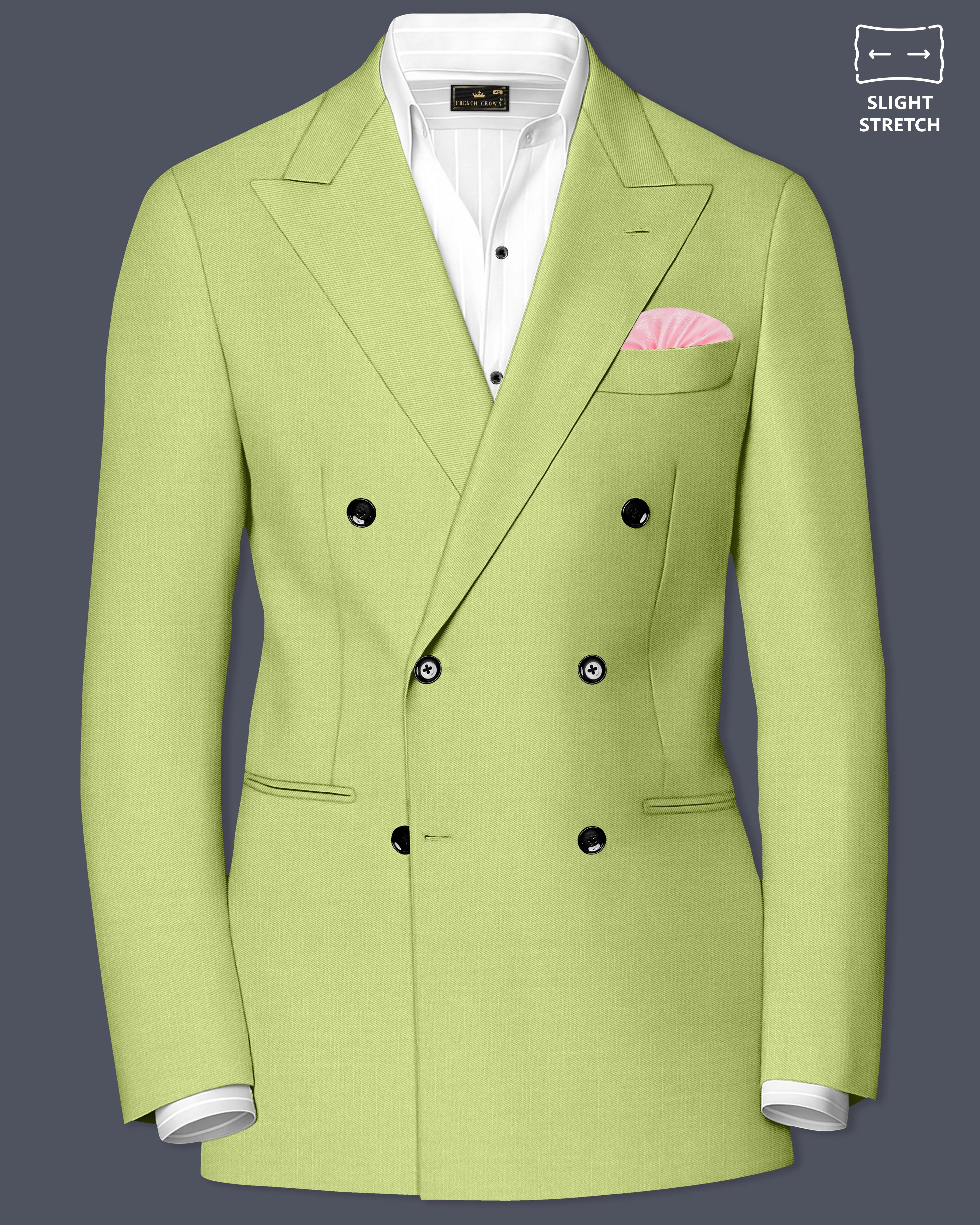 Ochre-Tan Green Wool Rich Slight Stretch Double Breasted Blazer sold by French Crown