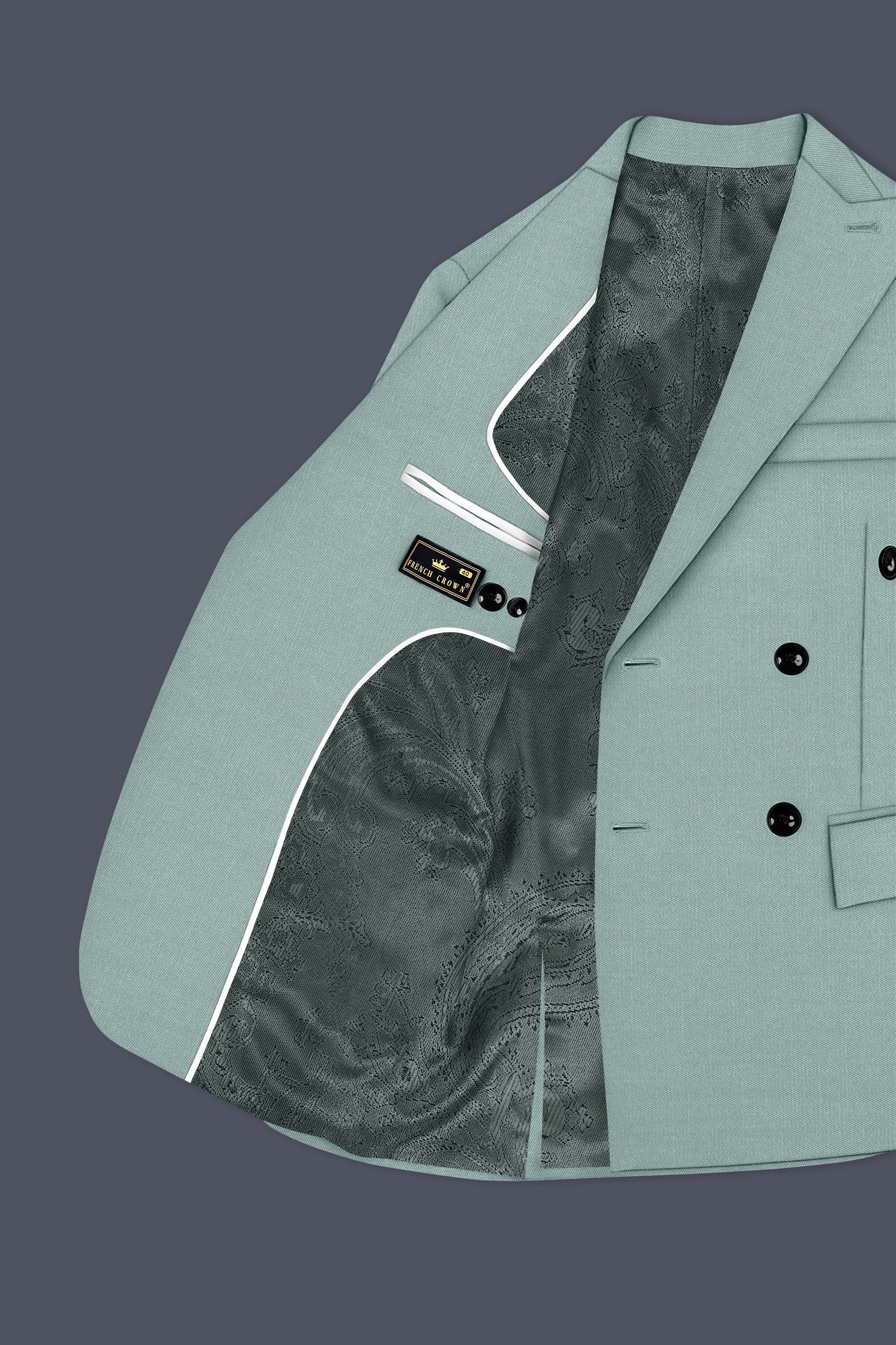 Tropic-Cadet Green Wool Rich Slight Stretch Double Breasted Blazer sold by French Crown product image thumbnail 5