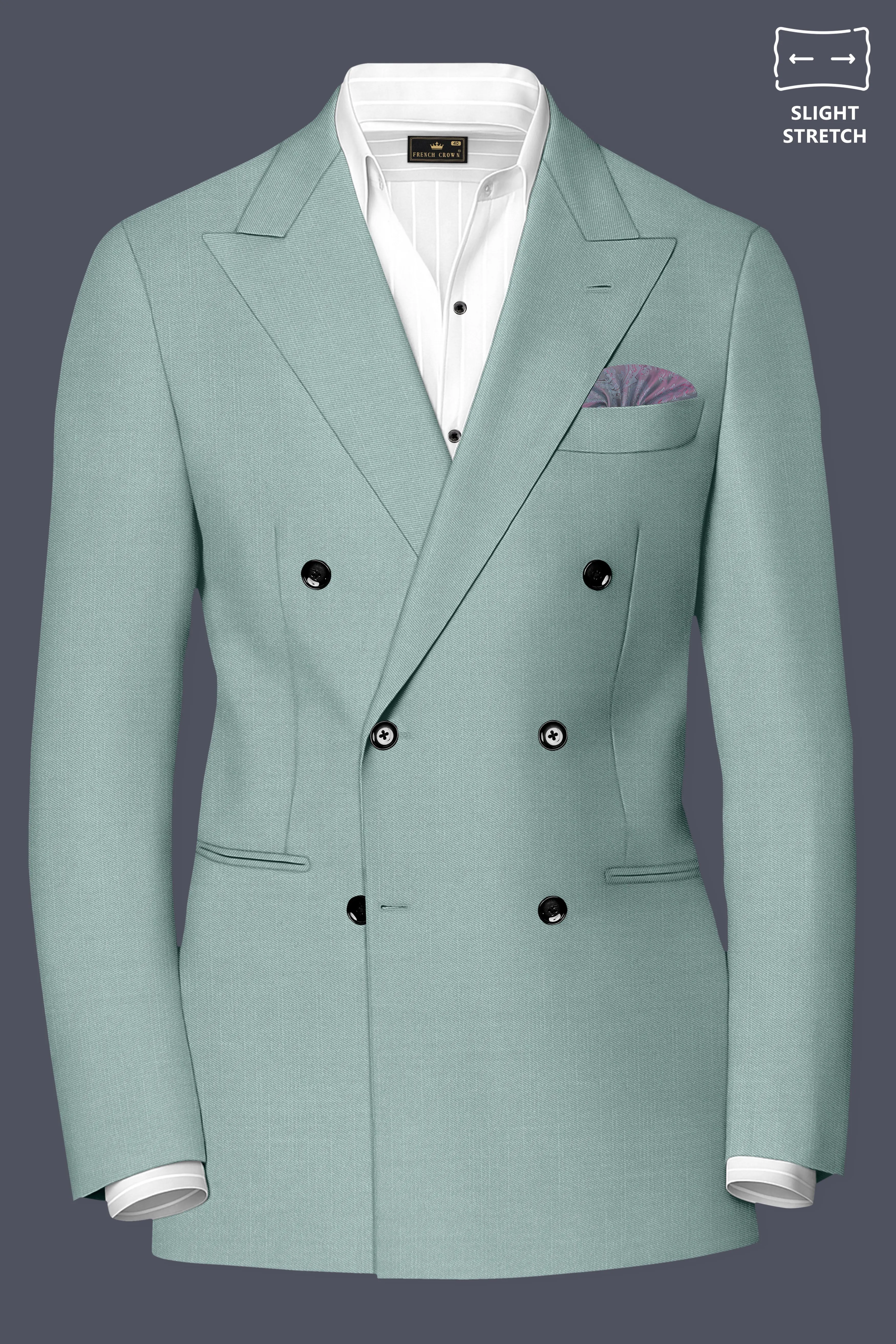 Tropic-Cadet Green Wool Rich Slight Stretch Double Breasted Blazer sold by French Crown product image thumbnail 2