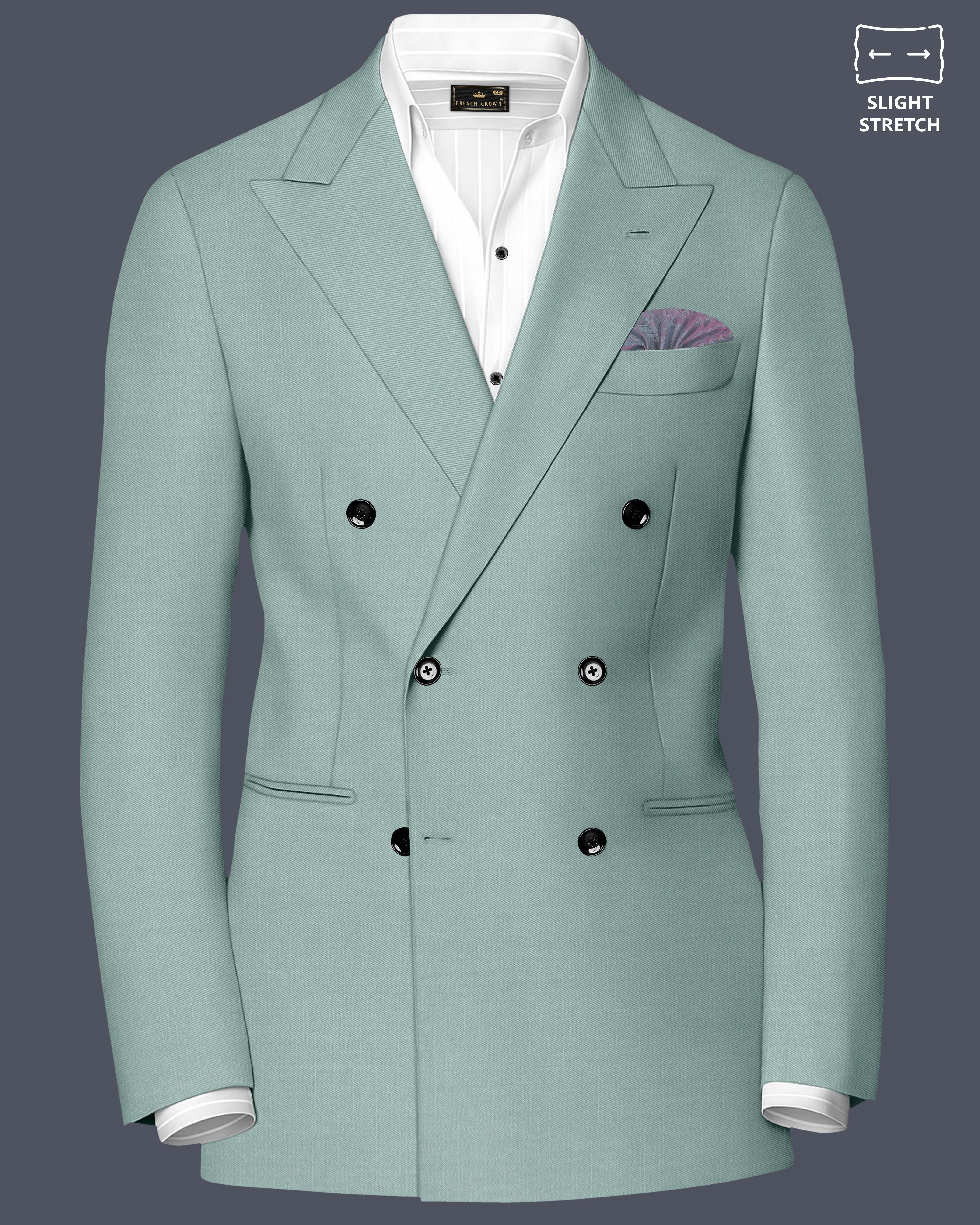 Tropic-Cadet Green Wool Rich Slight Stretch Double Breasted Blazer sold by French Crown