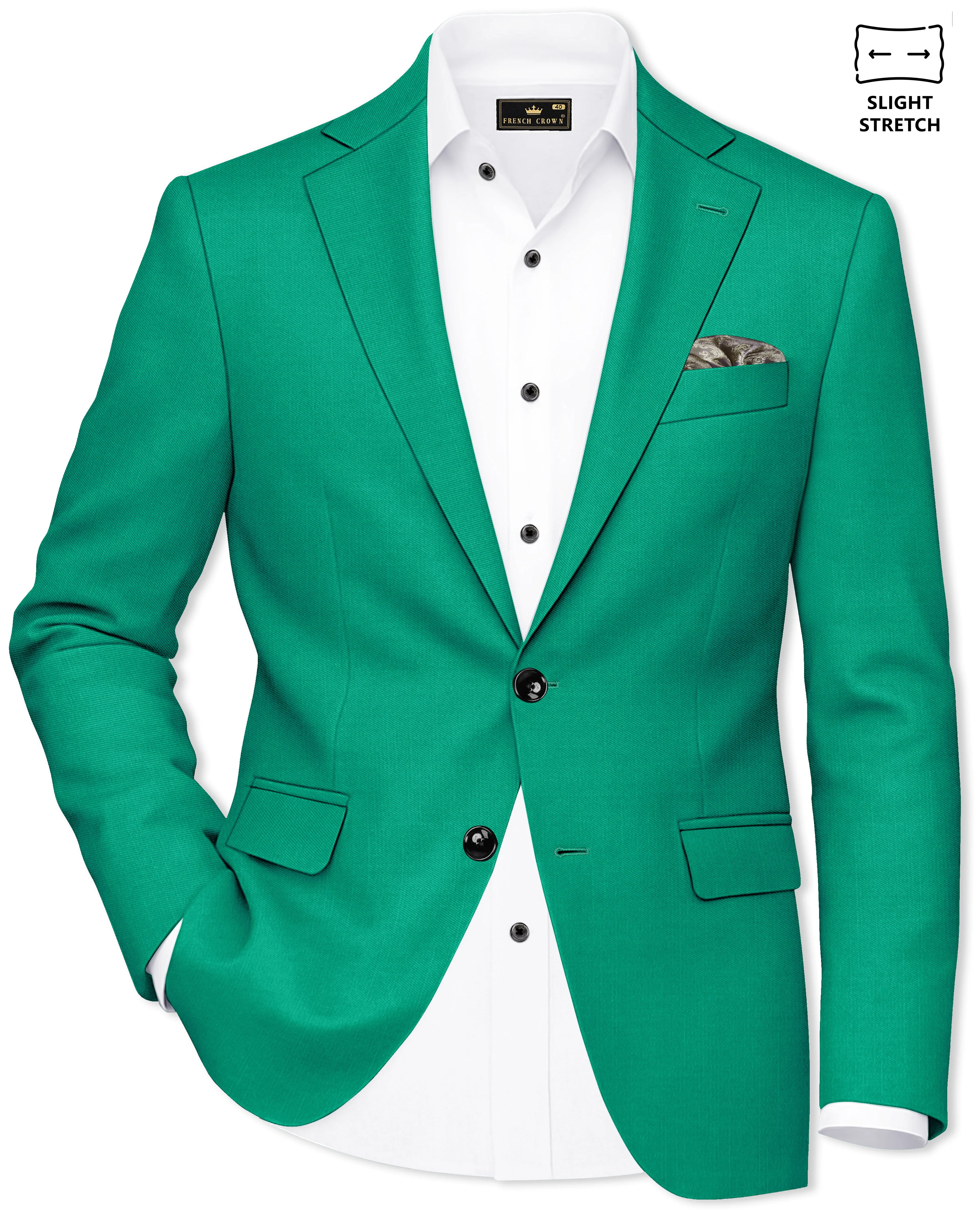 Emerald-Tropical Green Wool Rich Slight Stretch Single Breasted Blazer sold by French Crown