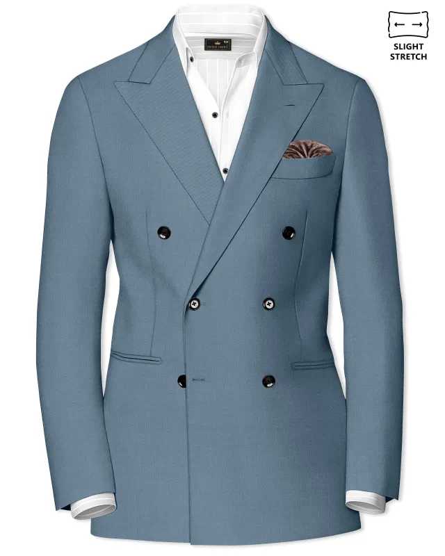 Sapphire-Fiord Blue Wool Rich Slight Stretch Double Breasted Blazer sold by French Crown