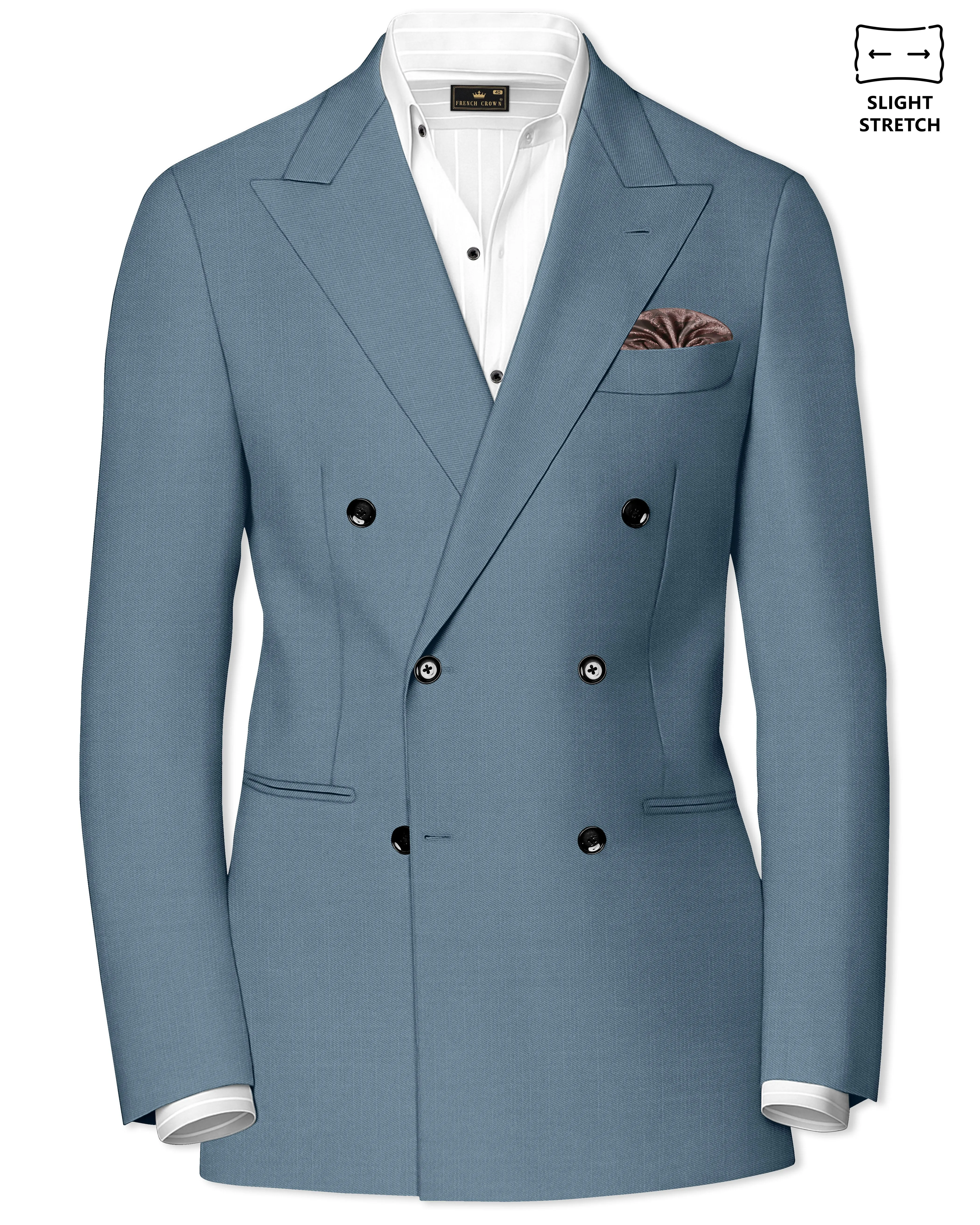 Sapphire-Fiord Blue Wool Rich Slight Stretch Double Breasted Blazer sold by French Crown