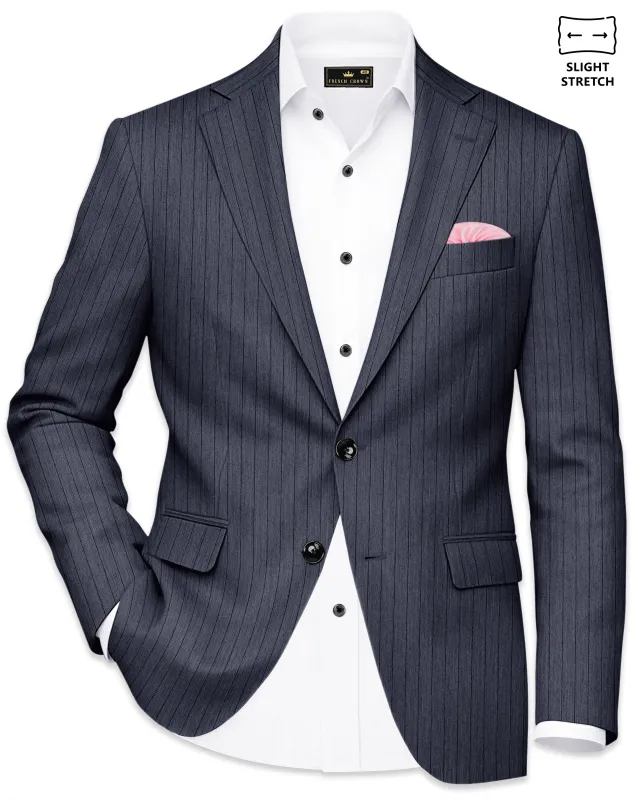 Azurion-Ninja Blue Pin Striped Wool Rich Slight Stretch Single Breasted Blazer made by French Crown