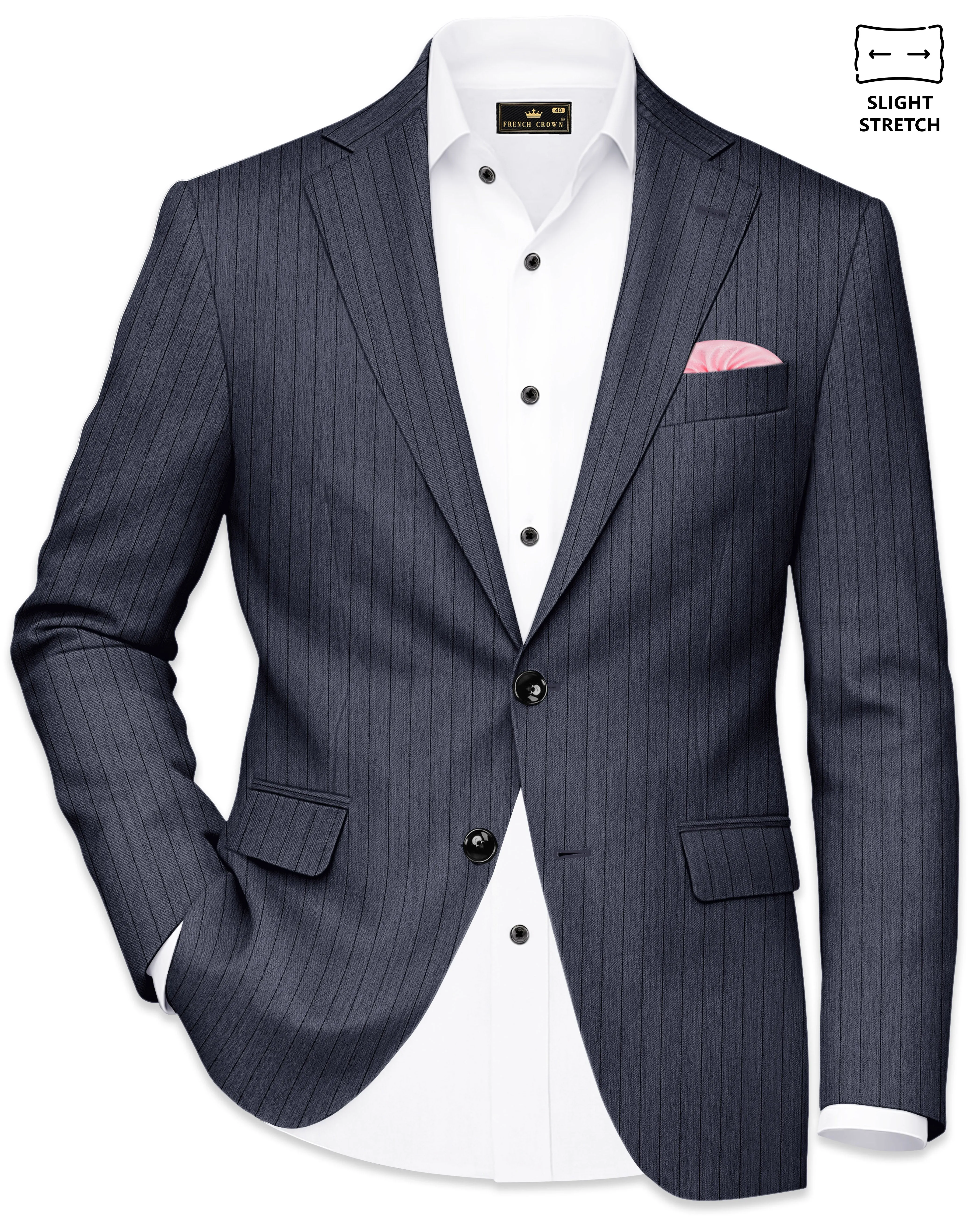 Azurion-Ninja Blue Pin Striped Wool Rich Slight Stretch Single Breasted Blazer sold by French Crown