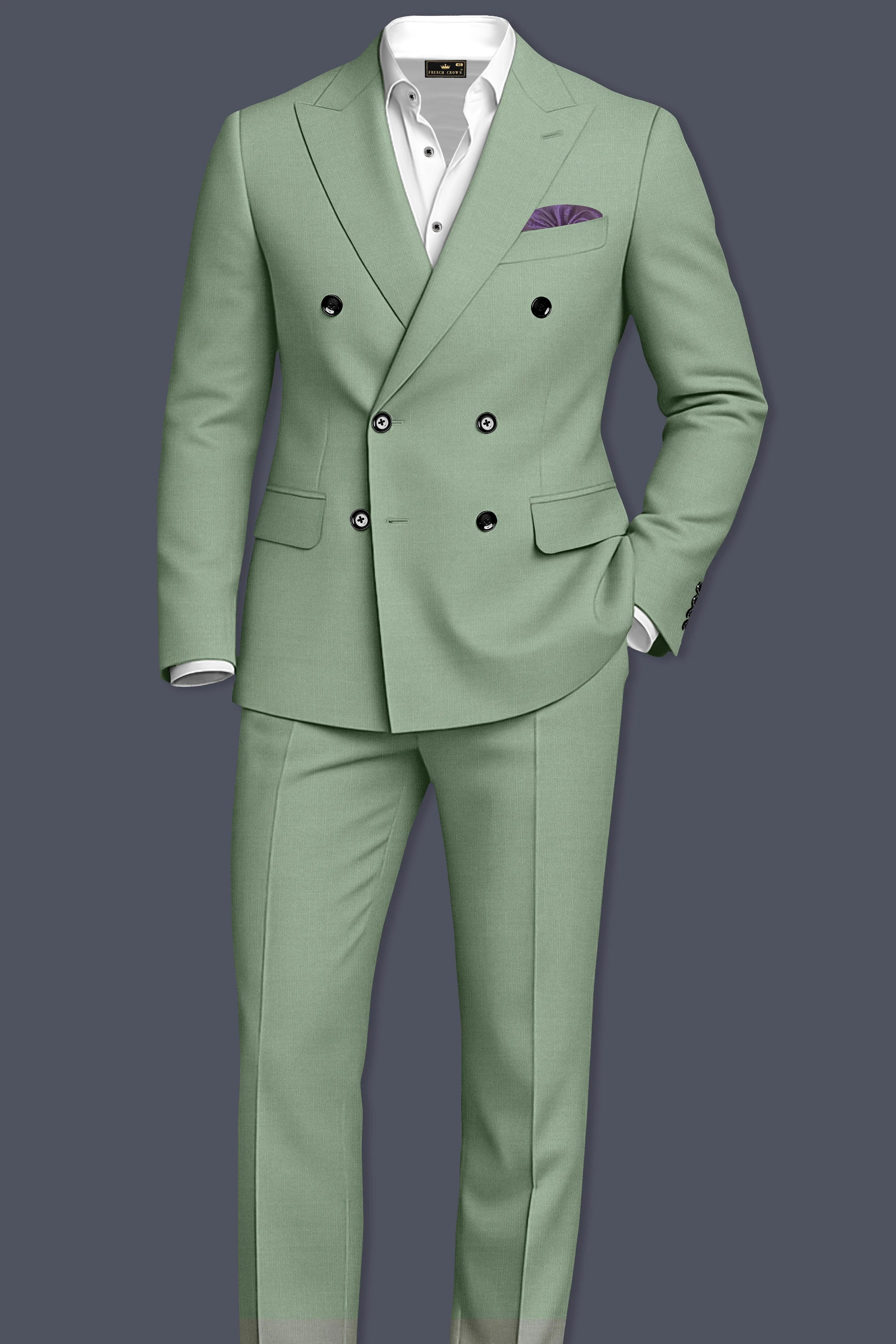 Basil-Spanish Green Wool Rich Slight Stretch Double Breasted Suit sold by French Crown product image thumbnail 4