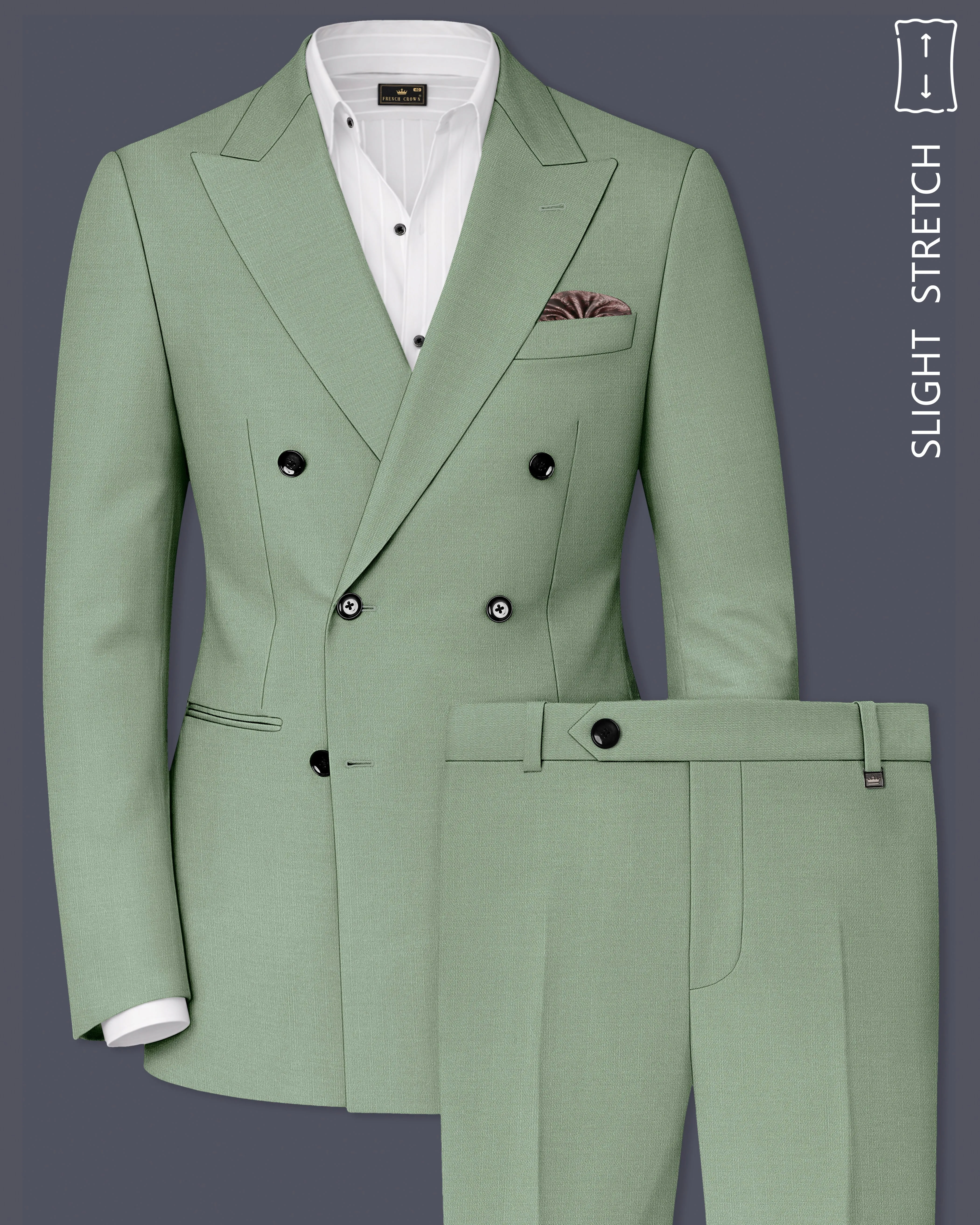 Basil-Spanish Green Wool Rich Slight Stretch Double Breasted Suit sold by French Crown