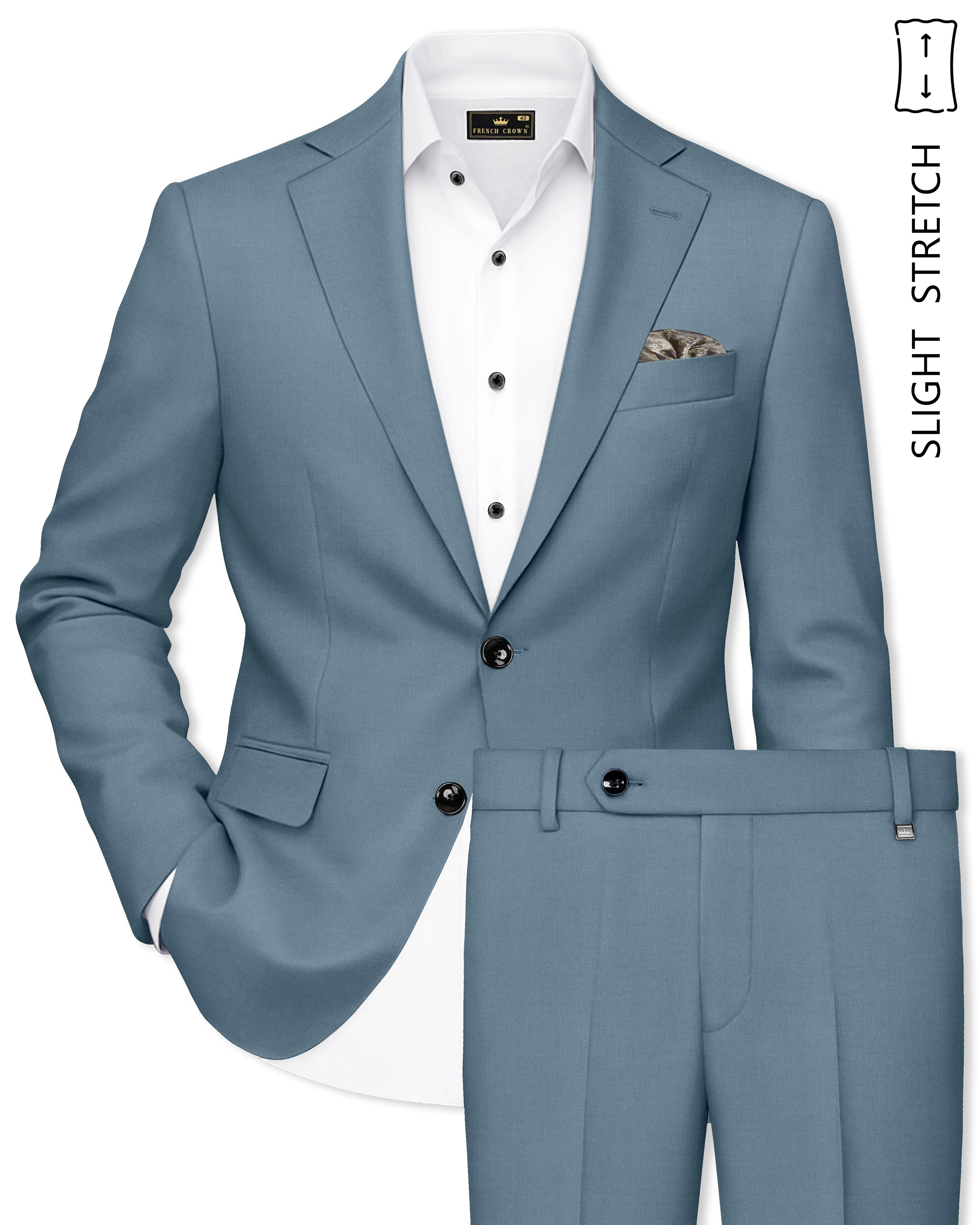 Sapphire-Fiord Blue Wool Rich Slight Stretch Single Breasted Suit sold by French Crown