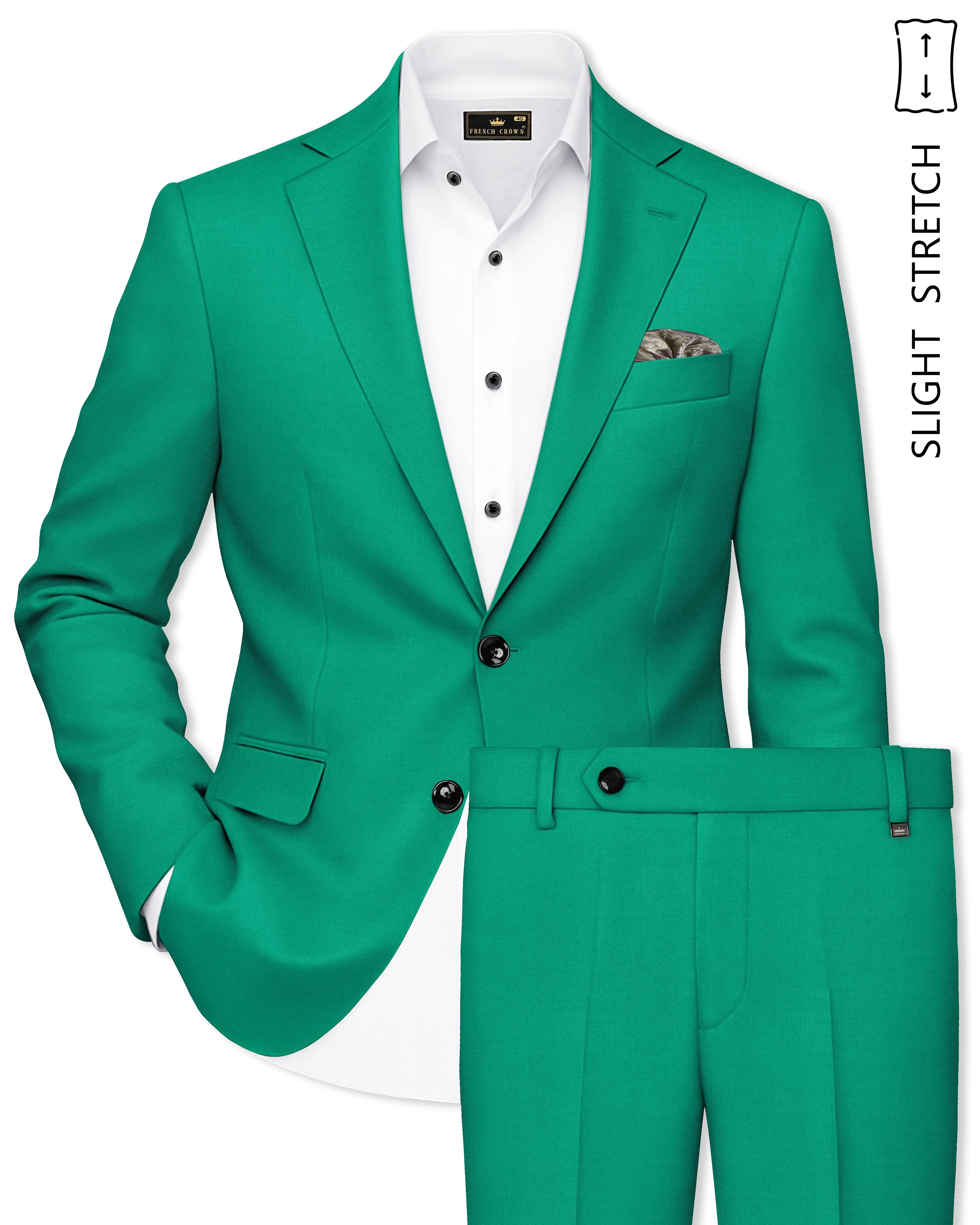Emerald-Tropical Green Wool Rich Slight Stretch Single Breasted Suit sold by French Crown