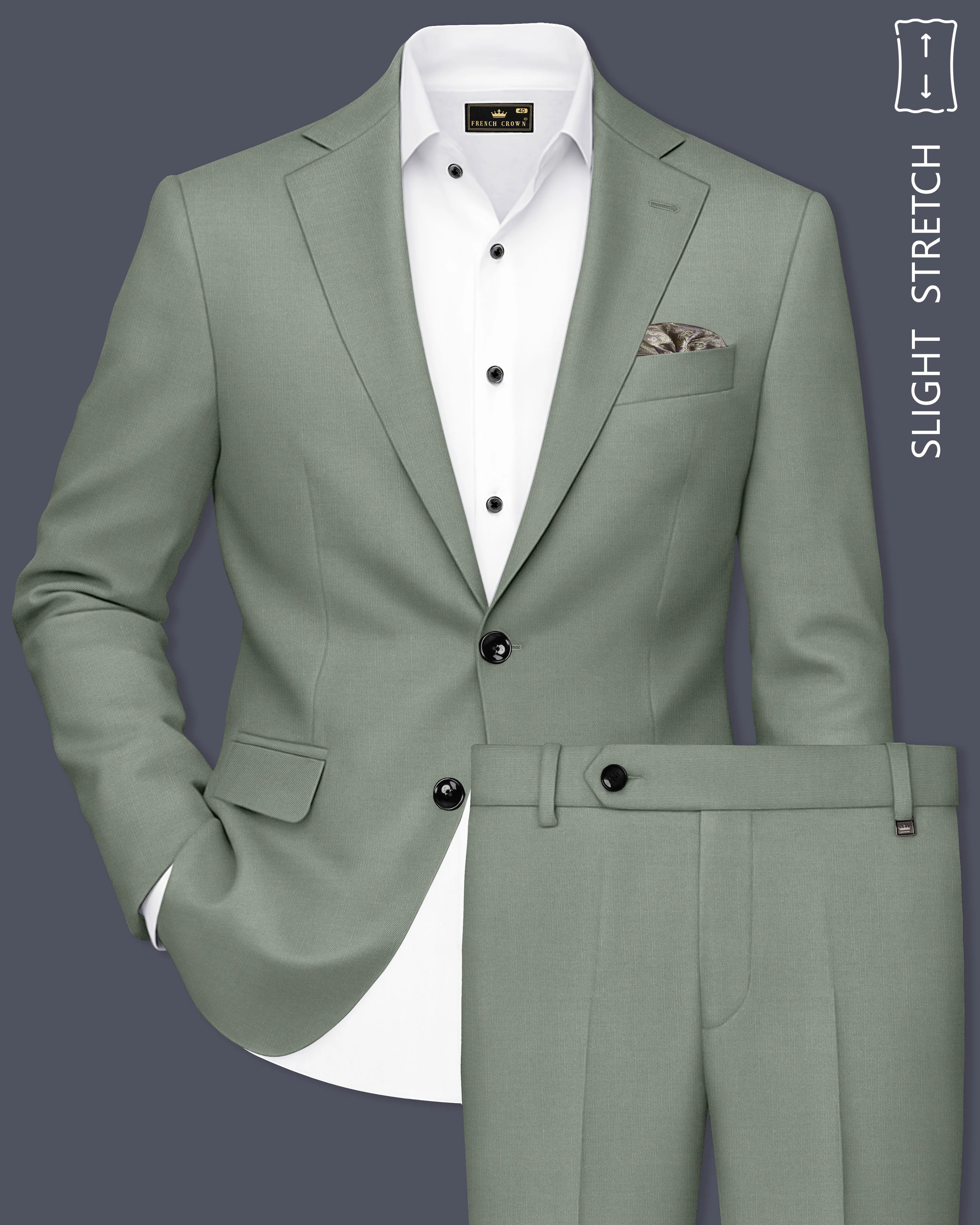 Sage-Smokey Green Wool Rich Slight Stretch Single Breasted Suit sold by French Crown