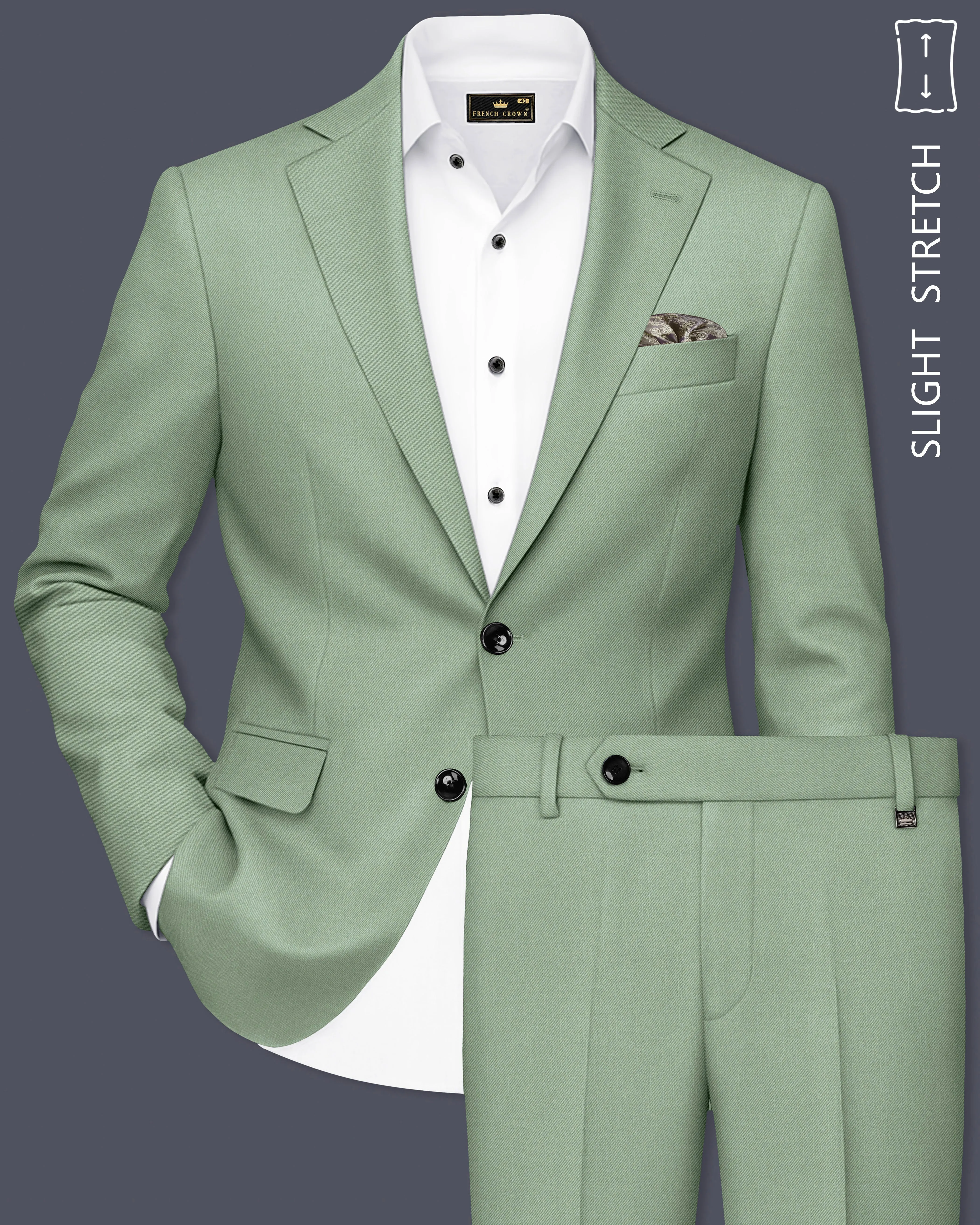 Basil-Spanish Green Wool Rich Slight Stretch Single Breasted Suit sold by French Crown