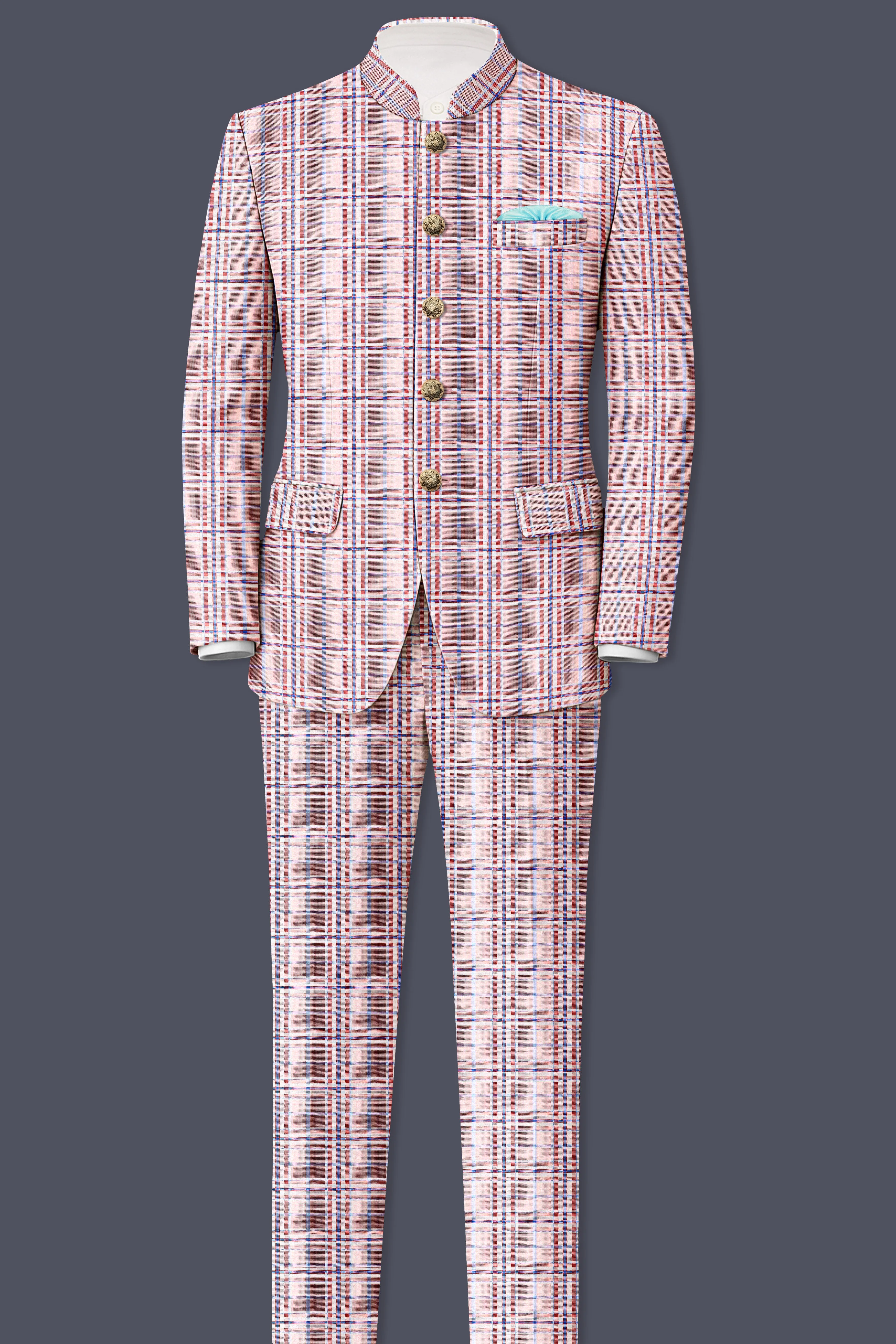 Velour-Turkish Rose Pink And Wild Blue Plaid Wool Rich Bandhgala Suit sold by French Crown product image thumbnail 4