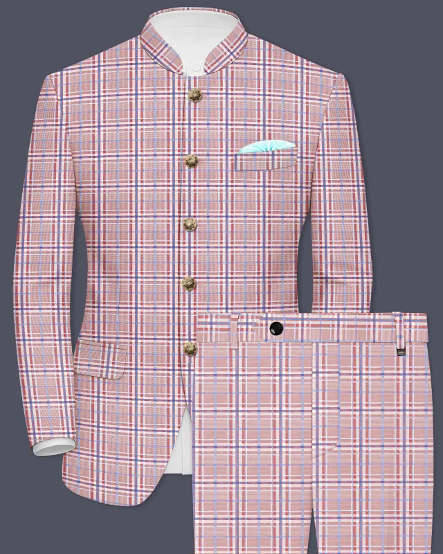 Velour-Turkish Rose Pink And Wild Blue Plaid Wool Rich  Bandhgala Suit sold by French Crown