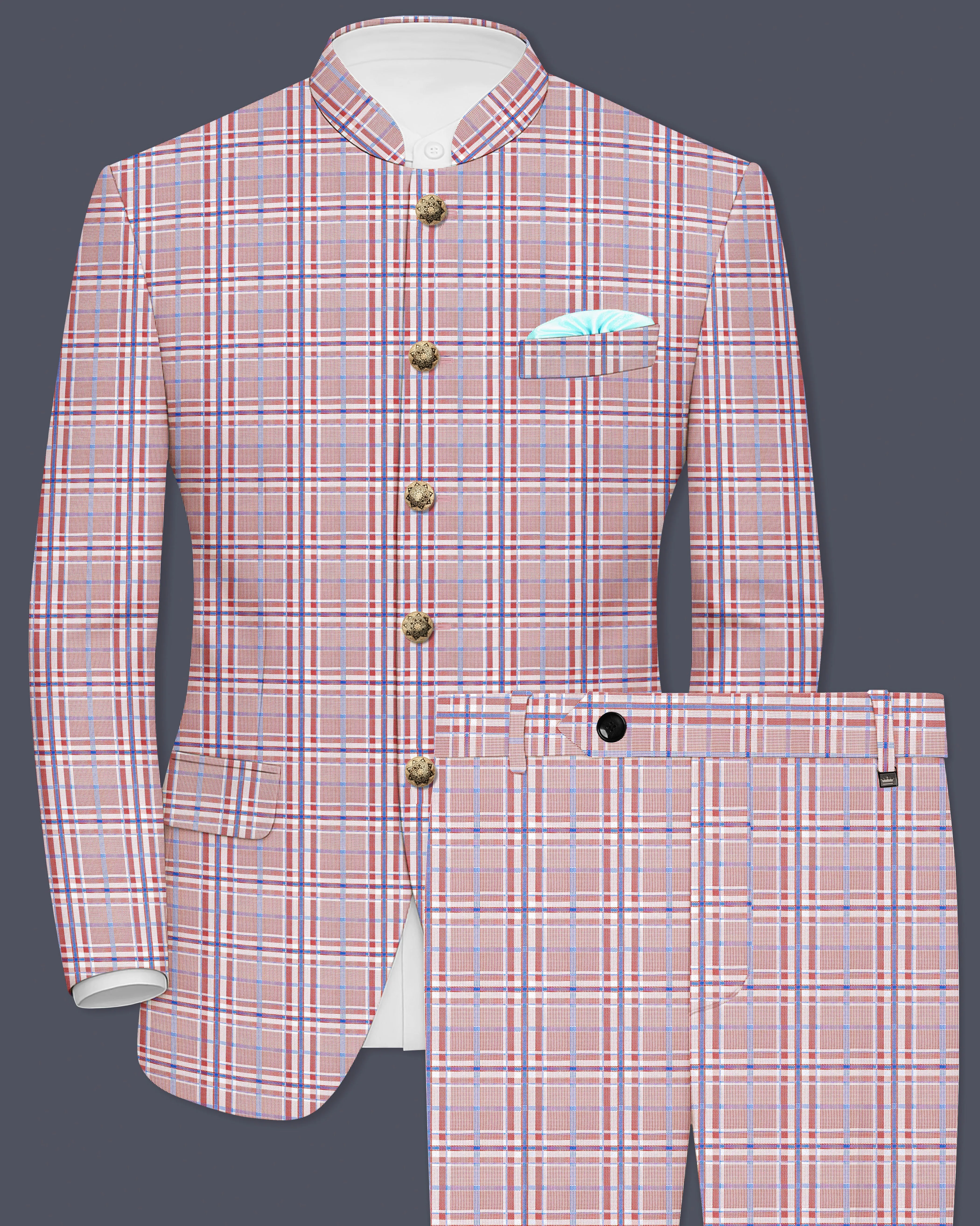Velour-Turkish Rose Pink And Wild Blue Plaid Wool Rich Bandhgala Suit sold by French Crown