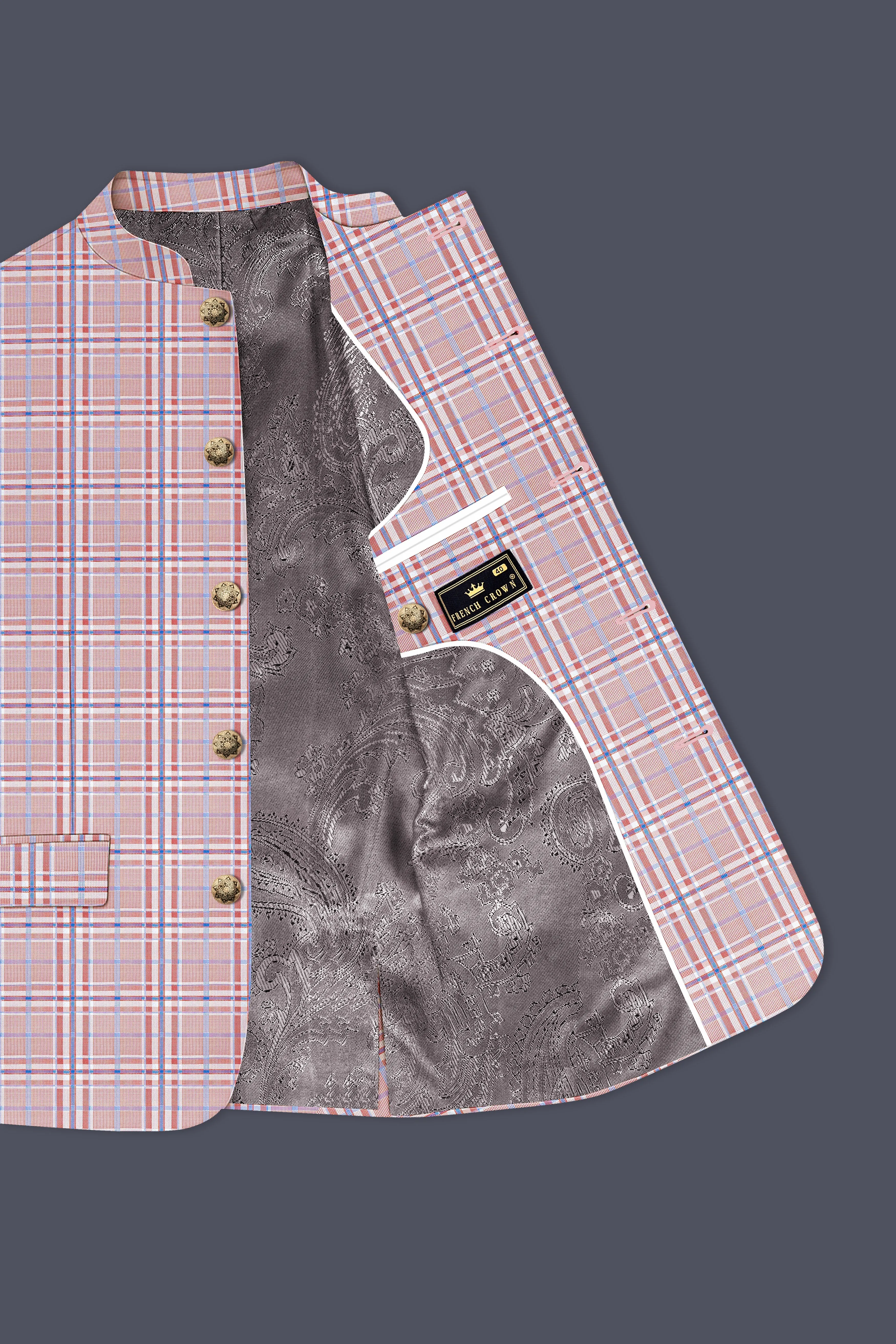 Velour-Turkish Rose Pink And Wild Blue Plaid Wool Rich Bandhgala Suit sold by French Crown product image thumbnail 5