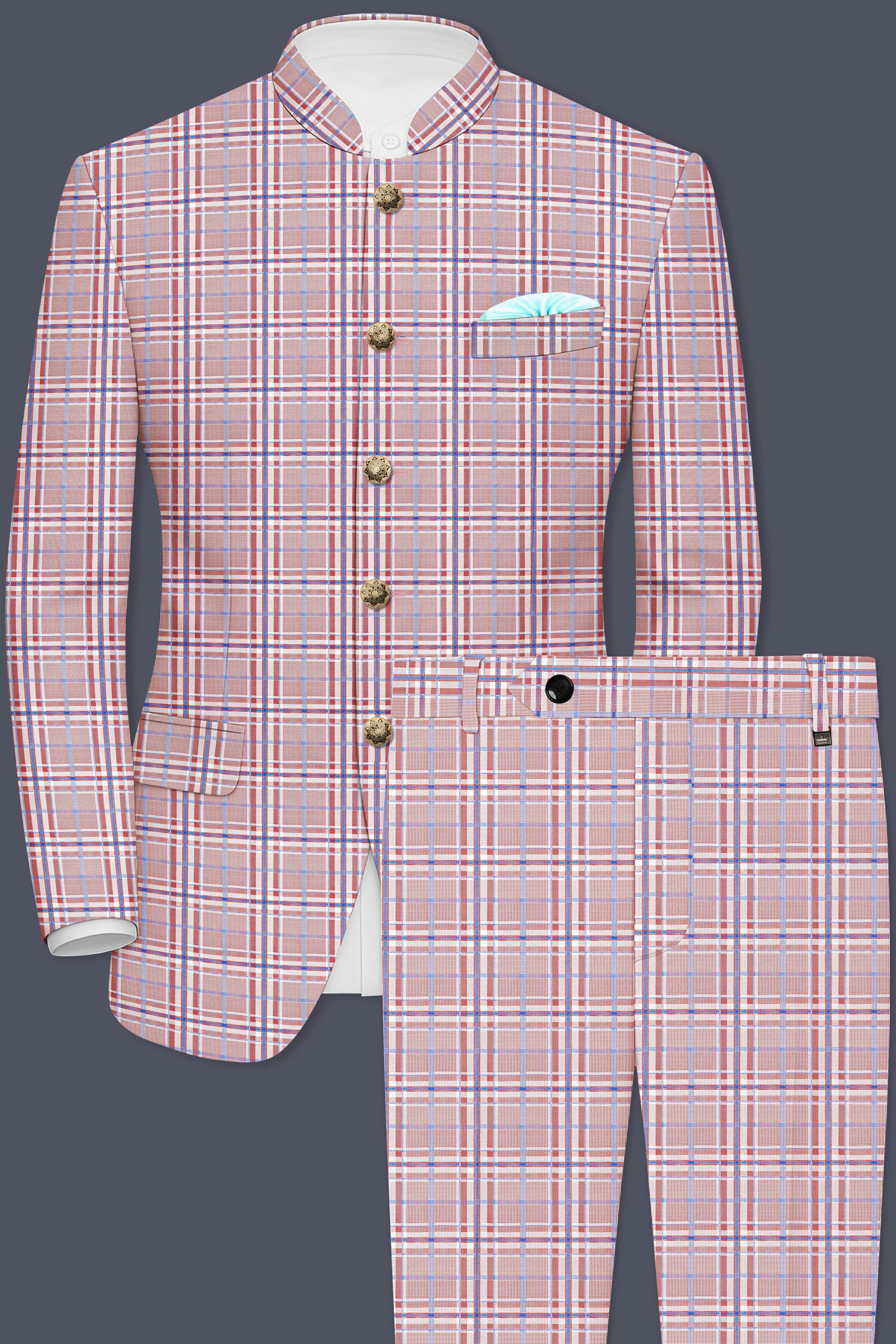 Velour-Turkish Rose Pink And Wild Blue Plaid Wool Rich Bandhgala Suit sold by French Crown product image thumbnail 2