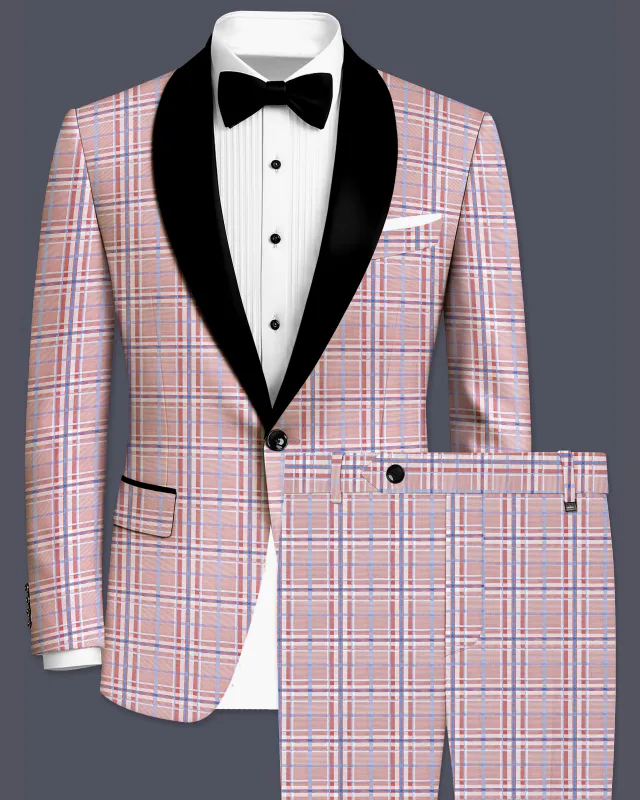 Velour-Turkish Rose Pink And Wild Blue Plaid Wool Rich Tuxedo Suit made by French Crown