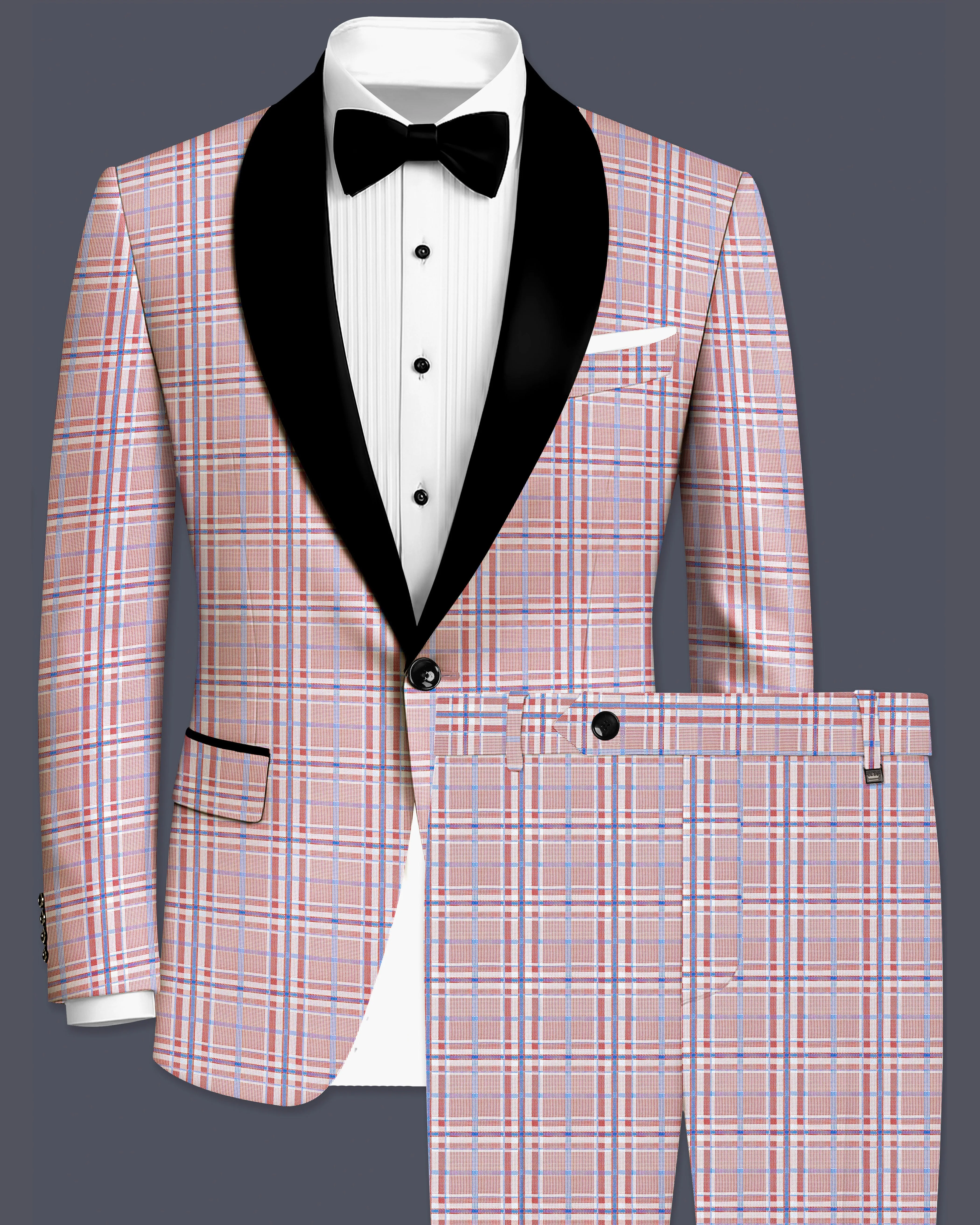 Velour-Turkish Rose Pink And Wild Blue Plaid Wool Rich Tuxedo Suit sold by French Crown