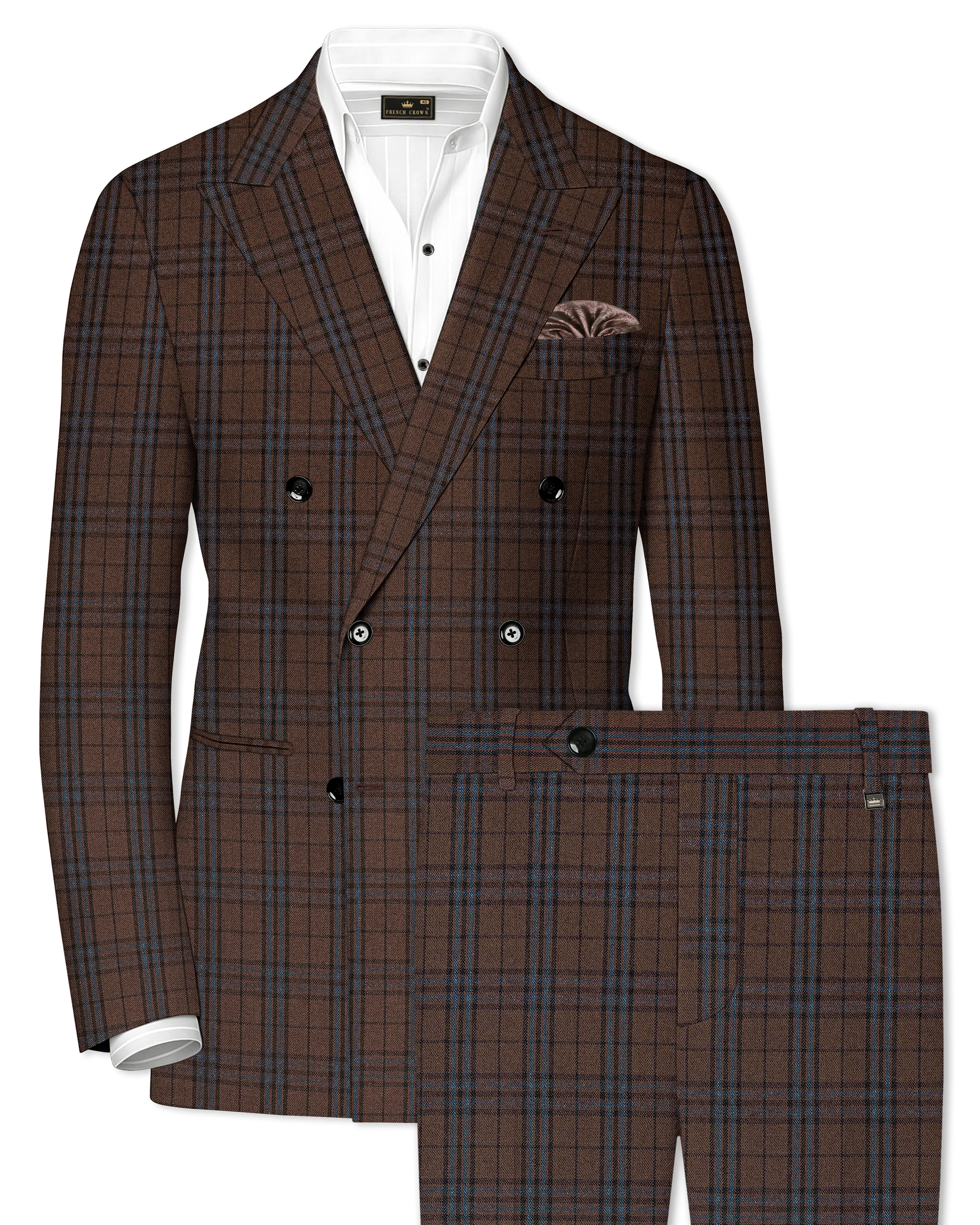 Cedar-Gingerbread Brown Plaid Wool blend Double Brested Suit sold by French Crown
