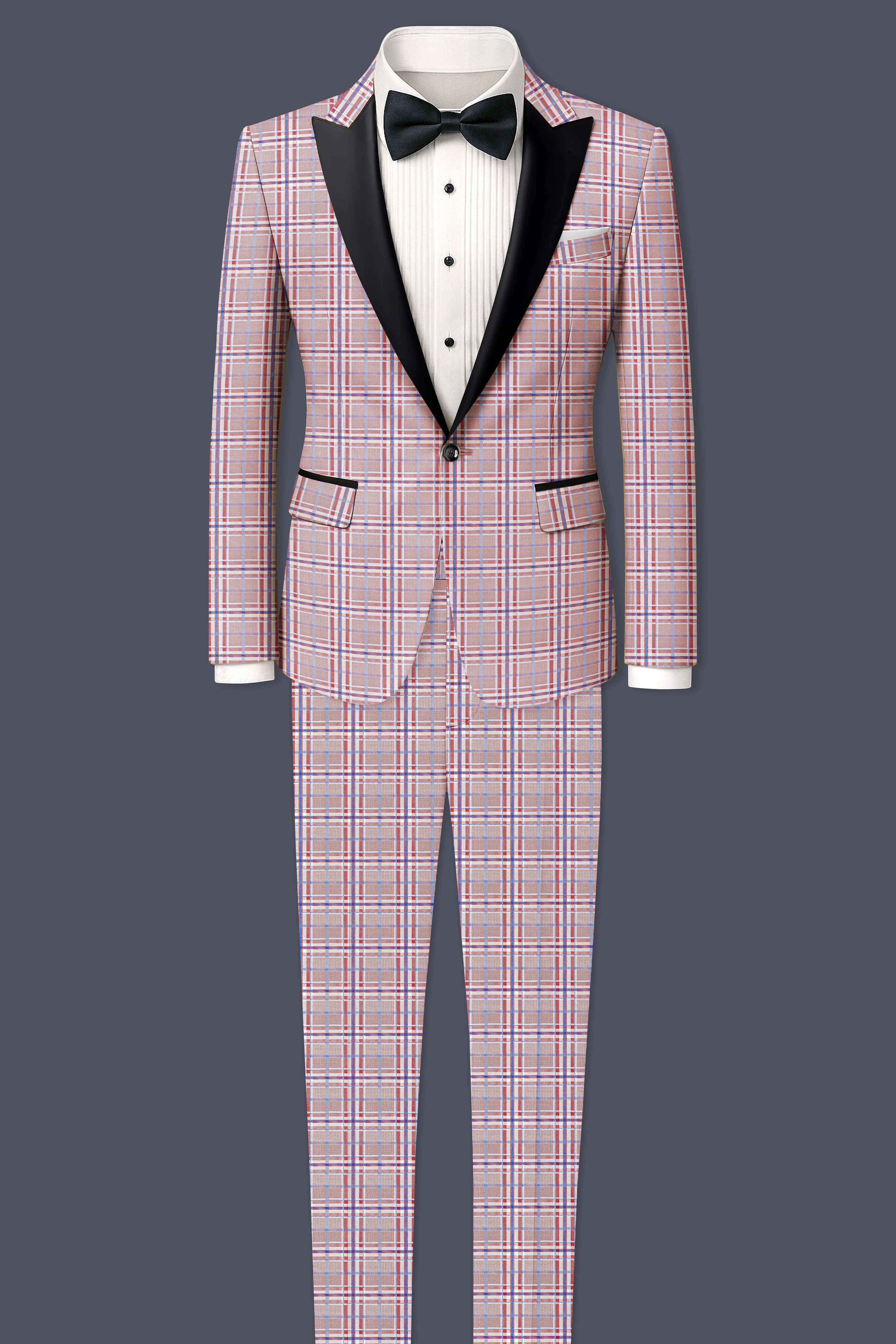 Velour-Turkish Rose Pink And Wild Blue Plaid Wool Rich Peak Lapel Tuxedo Suit sold by French Crown product image thumbnail 4