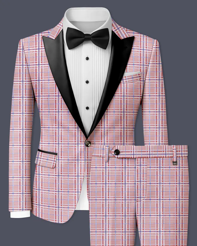 Velour-Turkish Rose Pink And Wild Blue Plaid Wool Rich Peak Lapel Tuxedo Suit made by French Crown