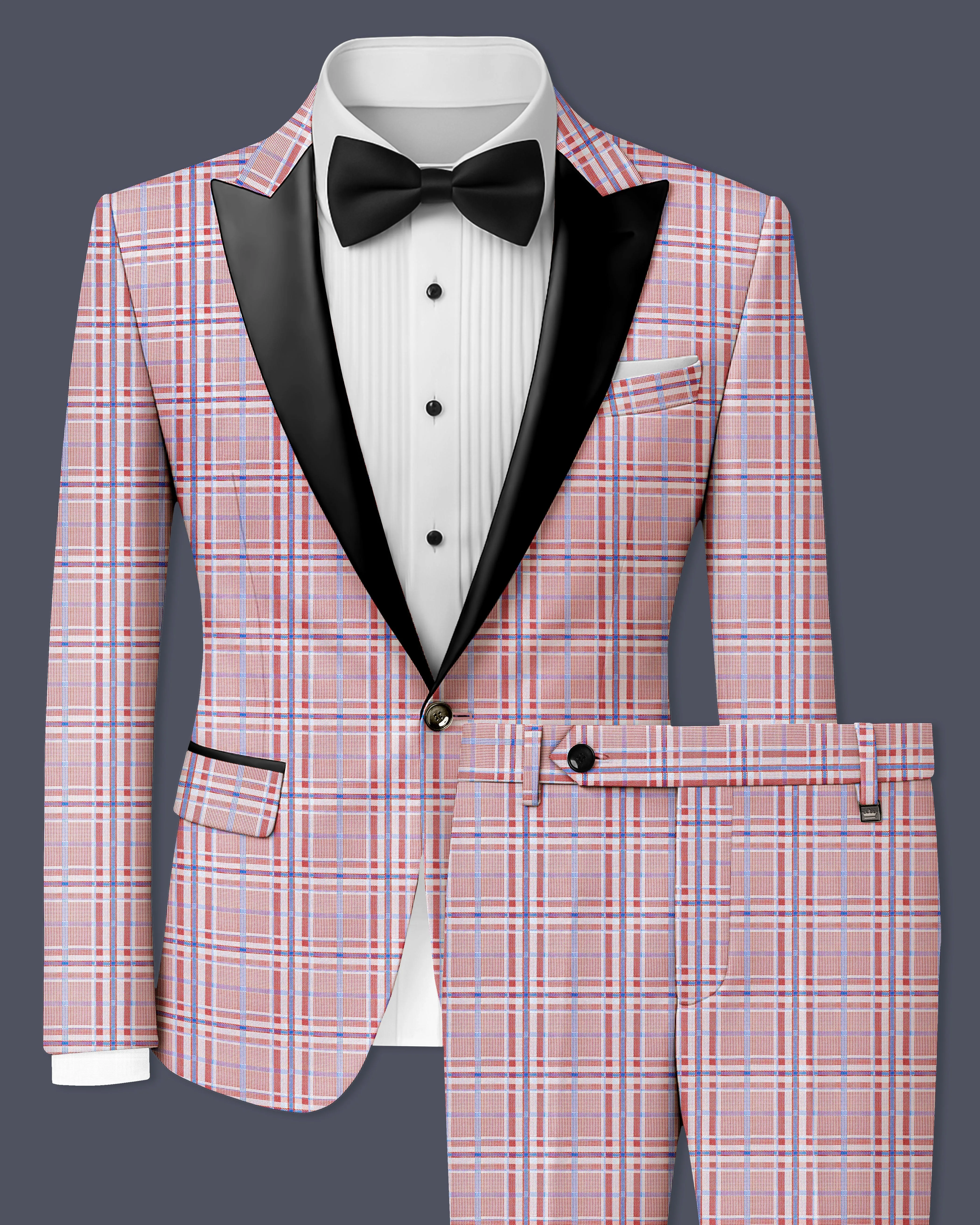 Velour-Turkish Rose Pink And Wild Blue Plaid Wool Rich Peak Lapel Tuxedo Suit sold by French Crown