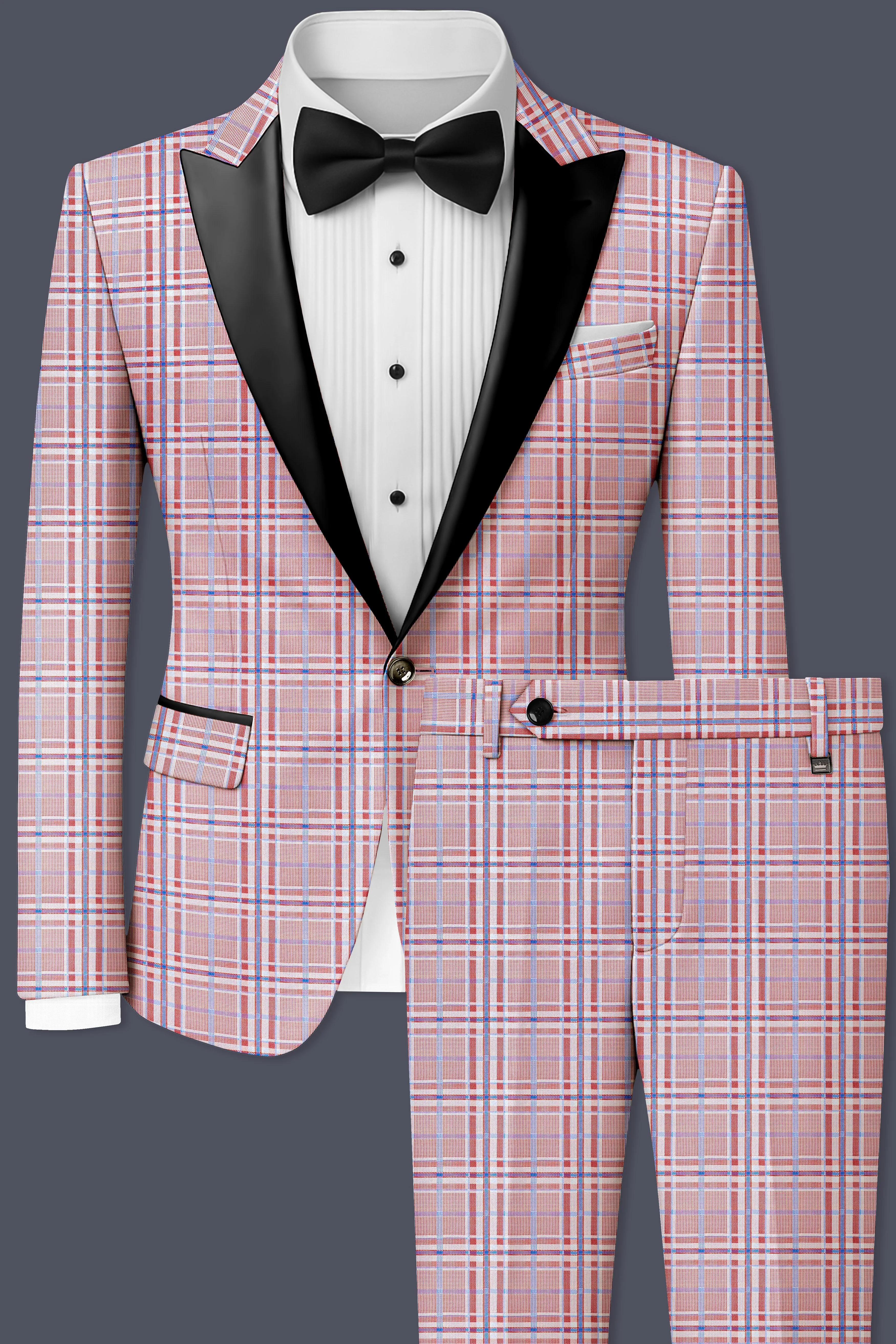 Velour-Turkish Rose Pink And Wild Blue Plaid Wool Rich Peak Lapel Tuxedo Suit sold by French Crown product image thumbnail 2