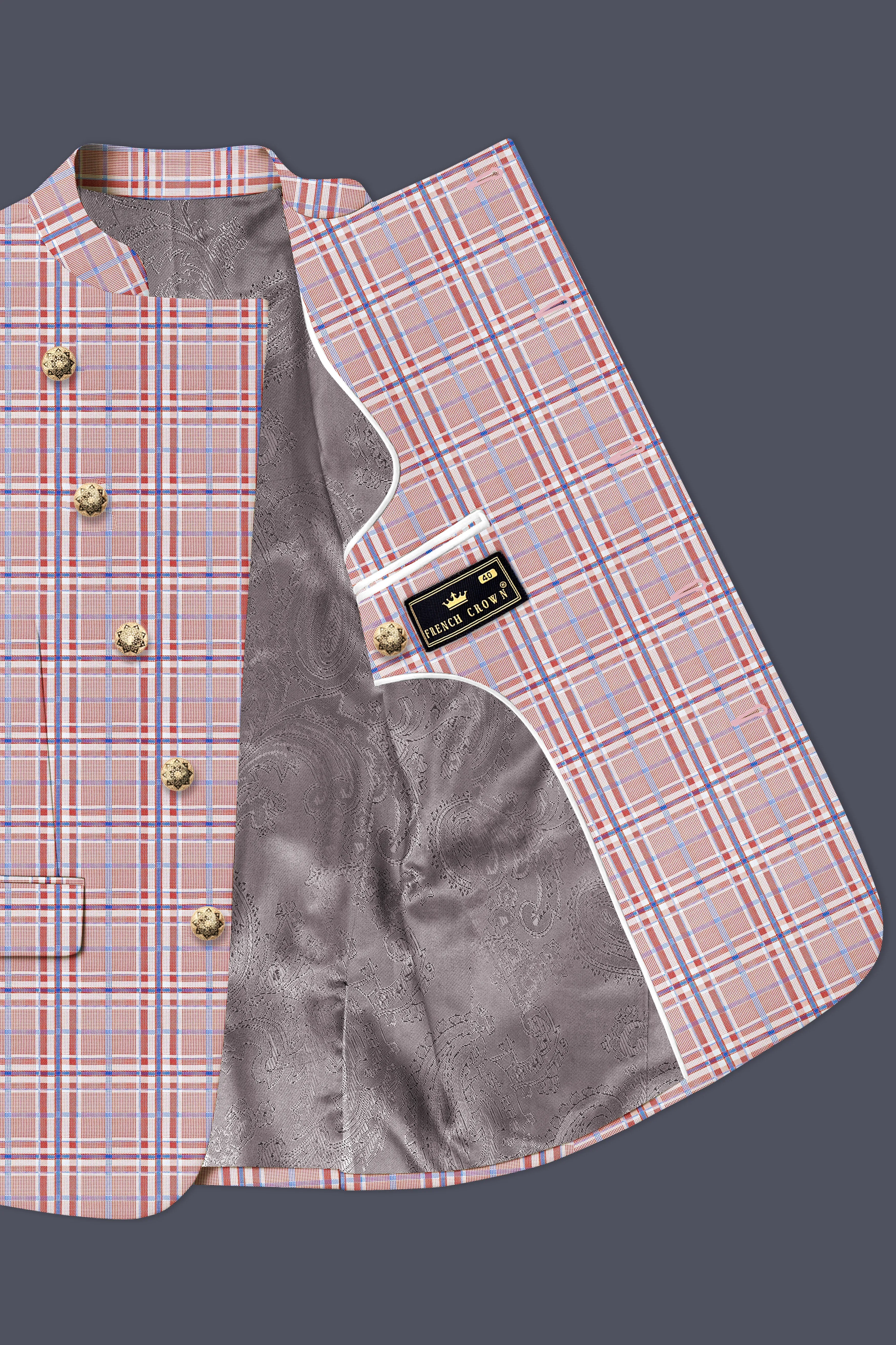 Velour-Turkish Rose Pink And Wild Blue Plaid Wool Rich Cross Placket Bandhgala Suits sold by French Crown product image thumbnail 5
