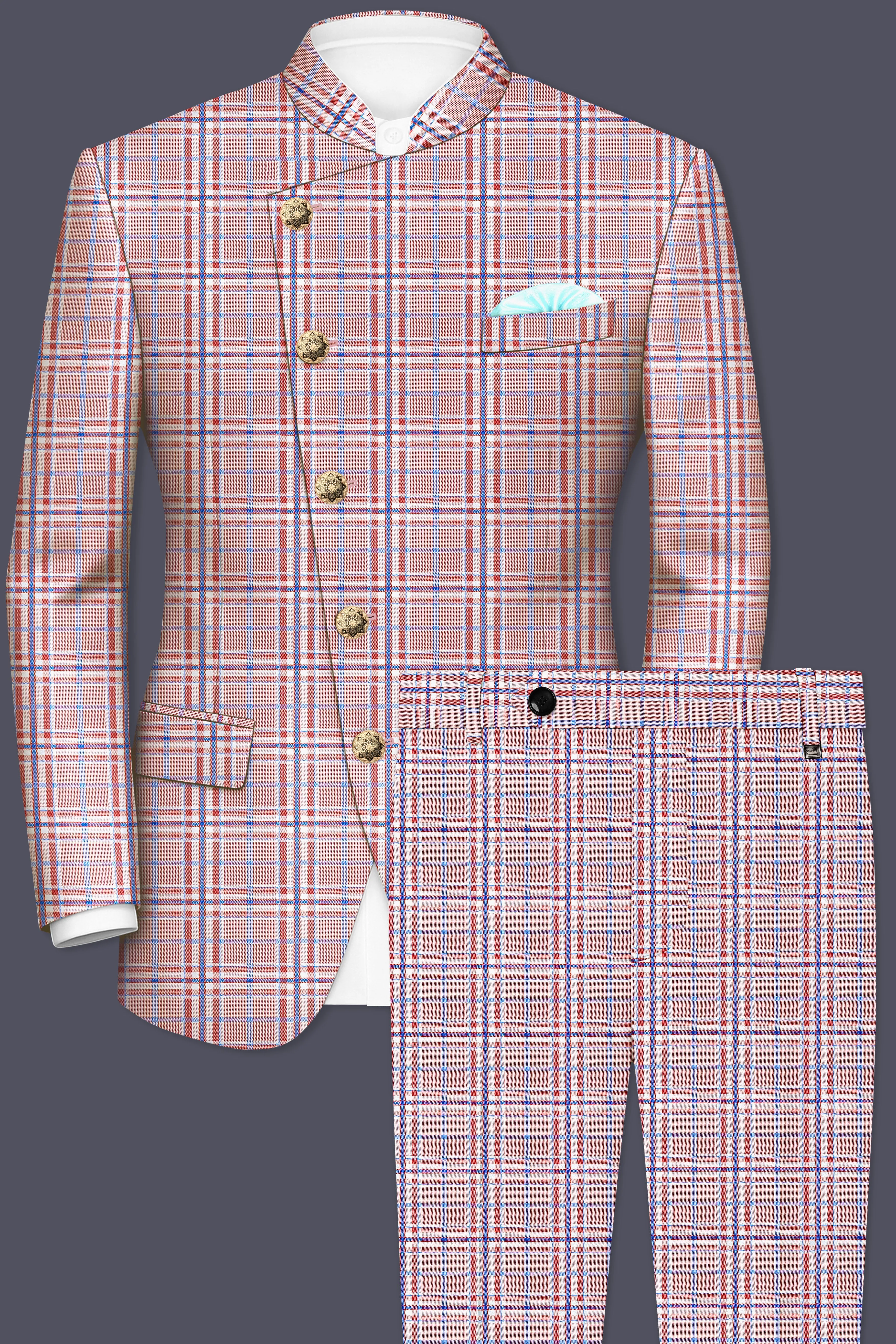 Velour-Turkish Rose Pink And Wild Blue Plaid Wool Rich Cross Placket Bandhgala Suits sold by French Crown product image thumbnail 2