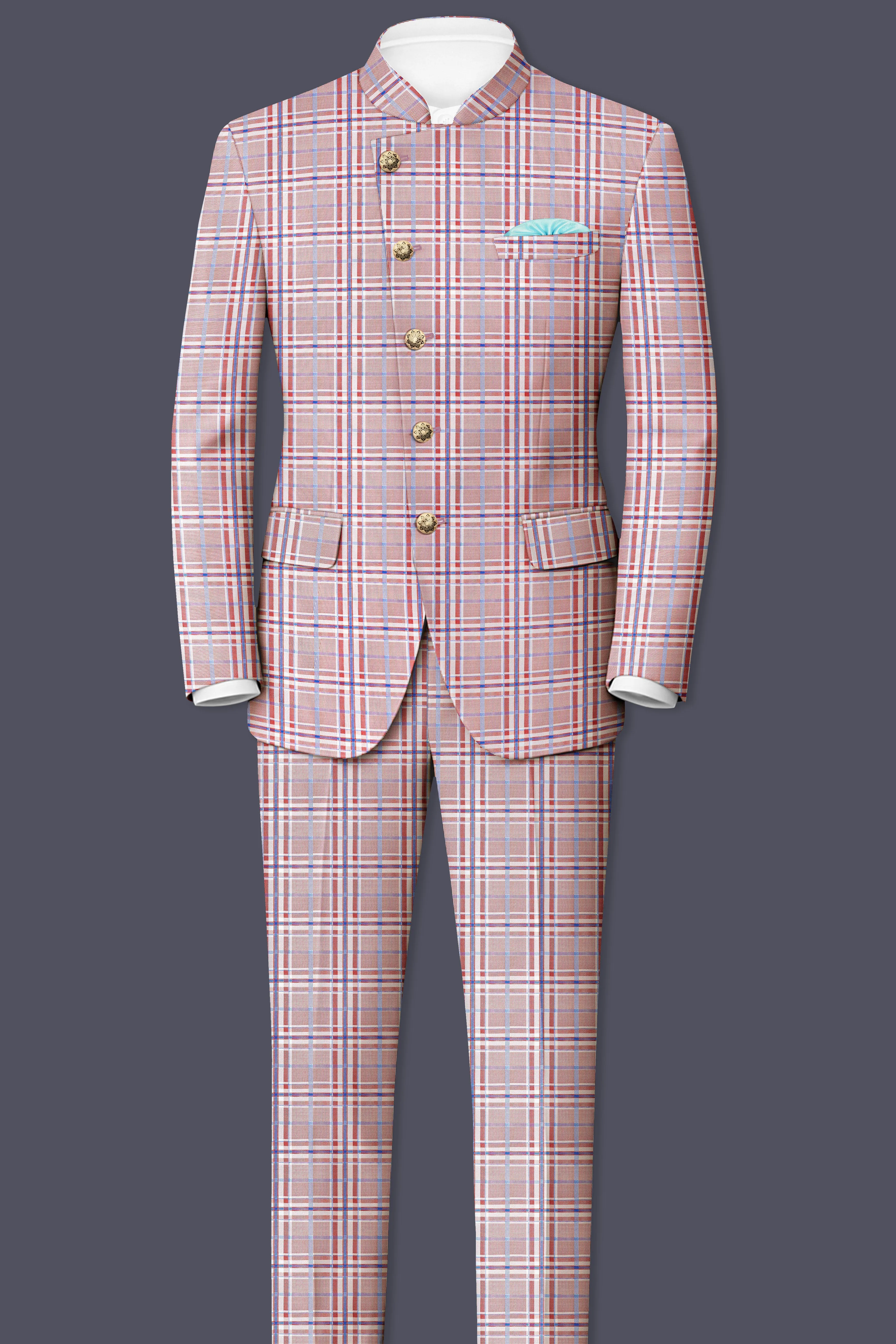 Velour-Turkish Rose Pink And Wild Blue Plaid Wool Rich Cross Placket Bandhgala Suits sold by French Crown product image thumbnail 4