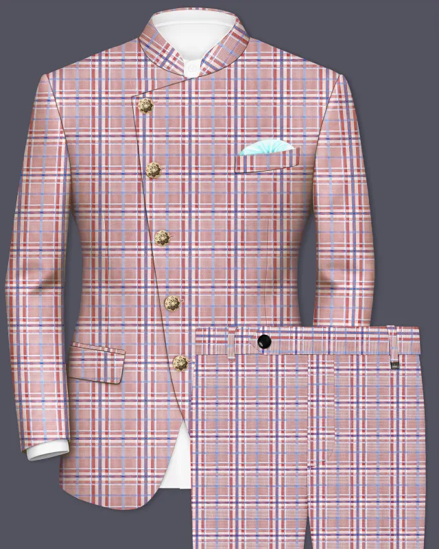Velour-Turkish Rose Pink And Wild Blue Plaid Wool Rich Cross Placket Bandhgala Suits made by French Crown