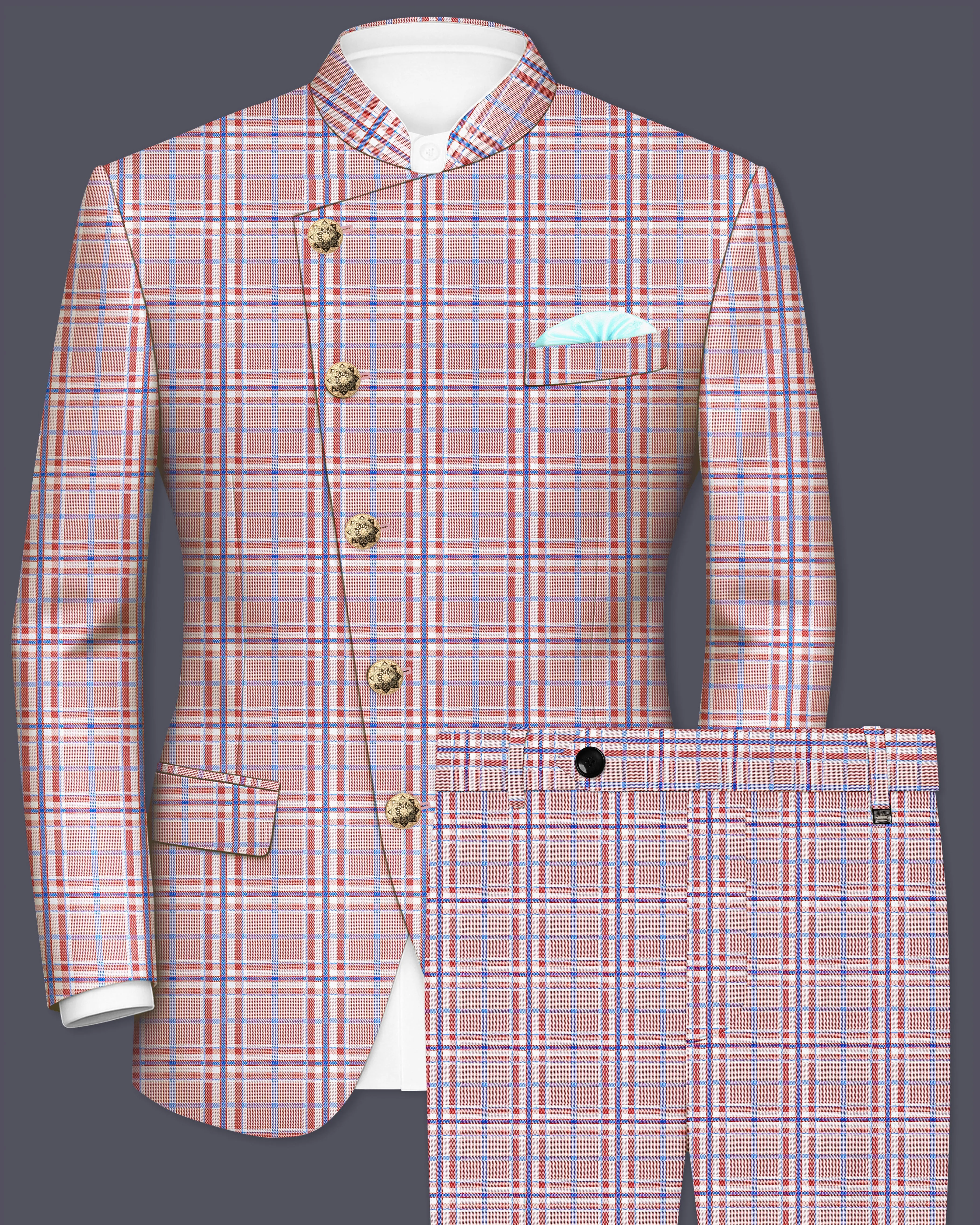 Velour-Turkish Rose Pink And Wild Blue Plaid Wool Rich Cross Placket Bandhgala Suits sold by French Crown