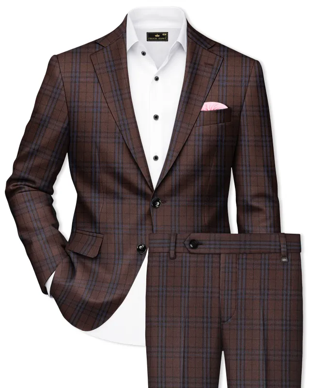 Cedar-Gingerbread Brown Plaid Wool Rich Single Breasted Suit made by French Crown