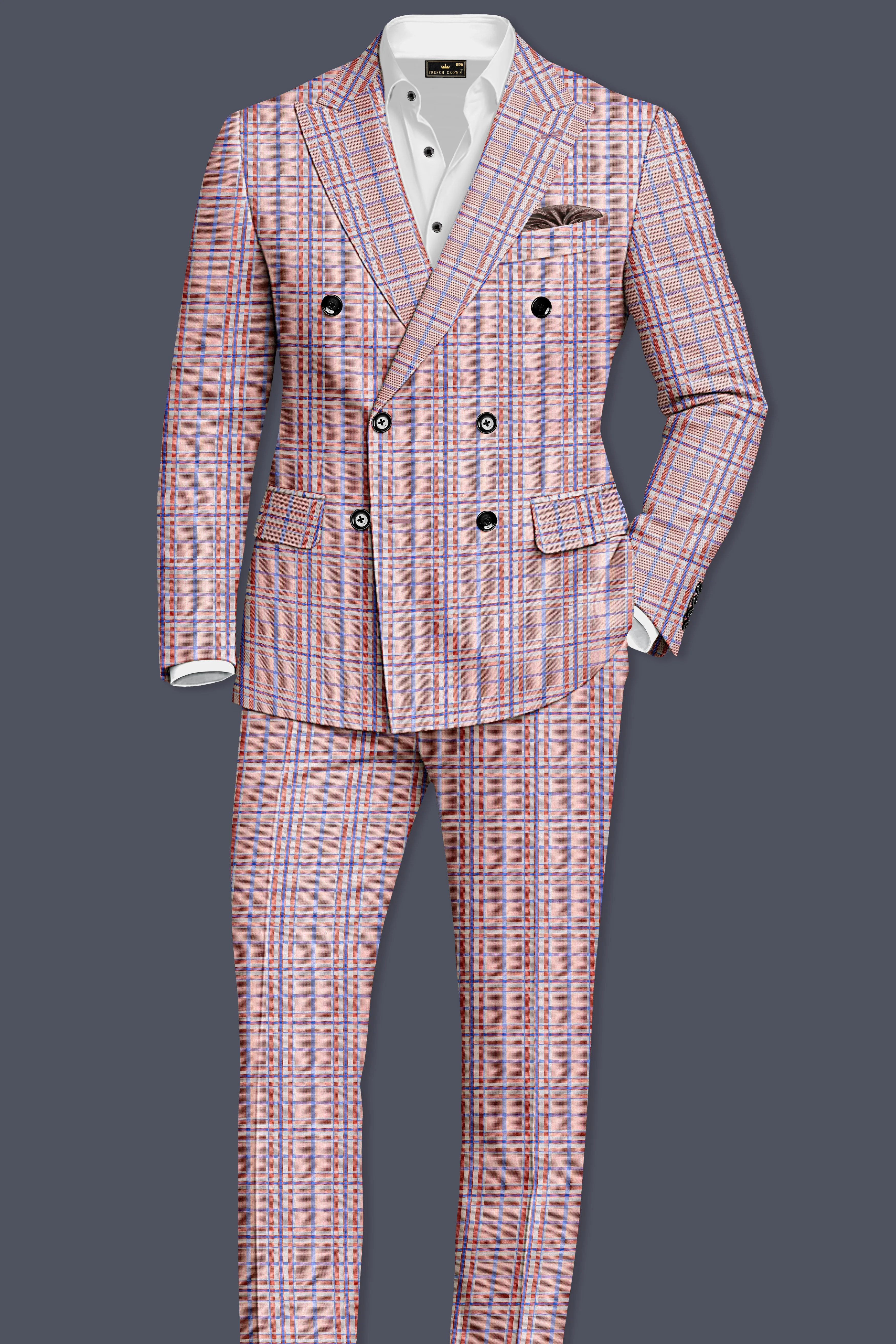 Velour-Turkish Rose Pink And Wild Blue Plaid Wool Rich Double Breasted Suit sold by French Crown product image thumbnail 4