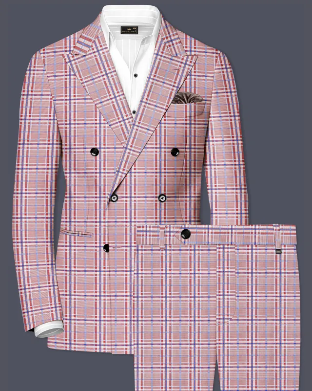 Velour-Turkish Rose Pink And Wild Blue Plaid Wool Rich Double Breasted Suit made by French Crown