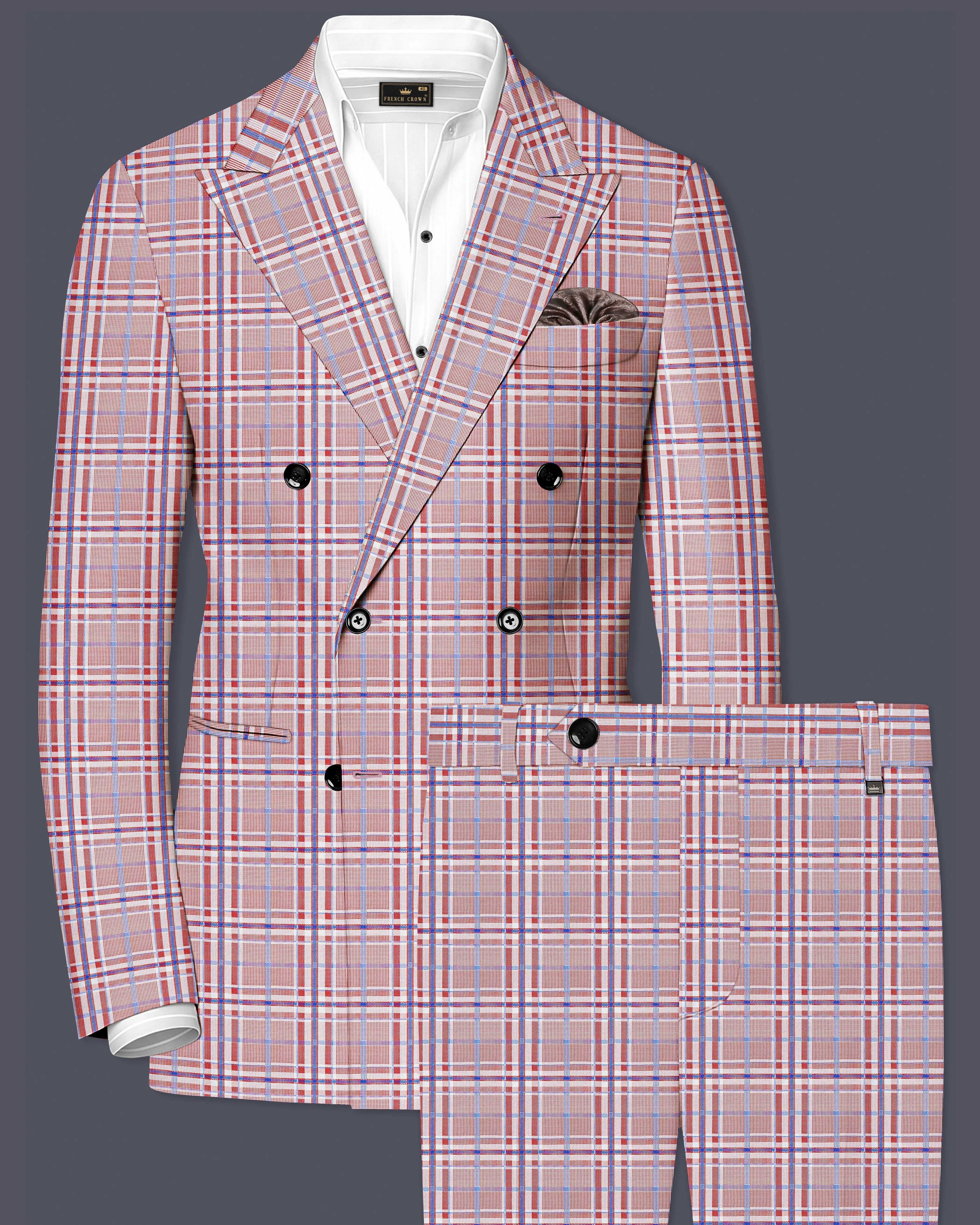 Velour-Turkish Rose Pink And Wild Blue Plaid Wool Rich Double Breasted Suit sold by French Crown